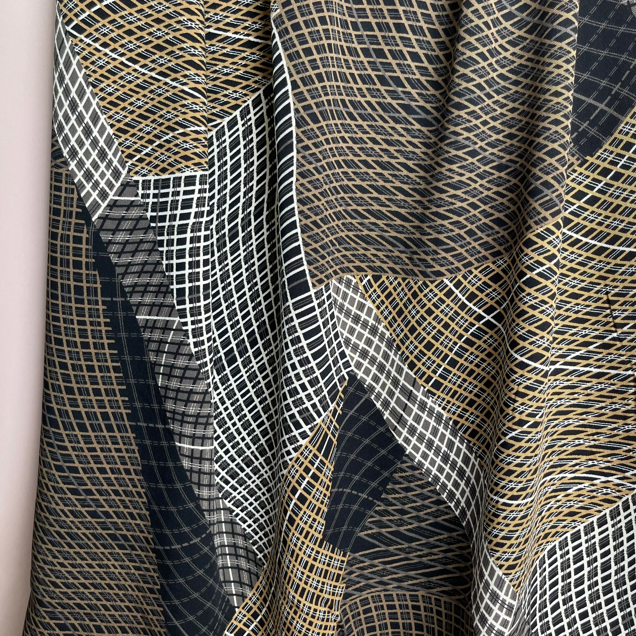 Golden Abstract Grids Viscose Twill Fabric