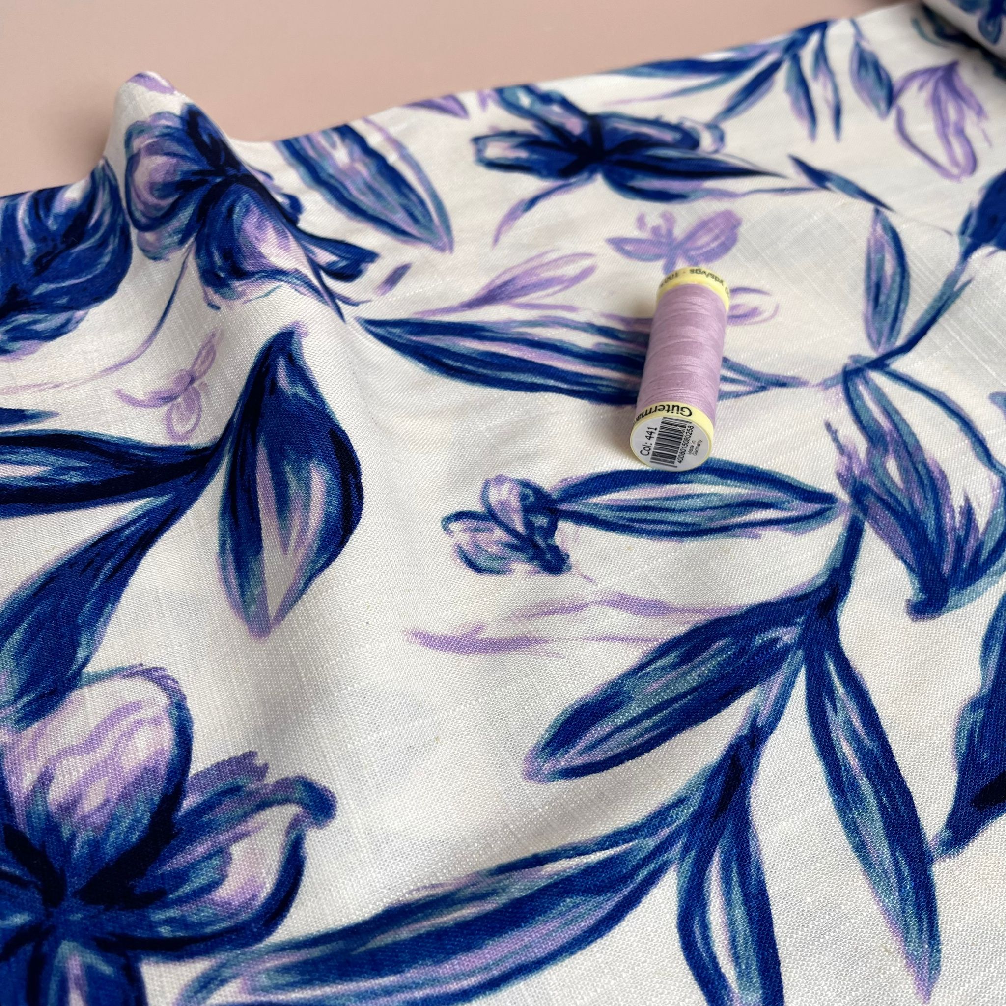 Lilac and Navy Flowers Linen Viscose Blend Fabric