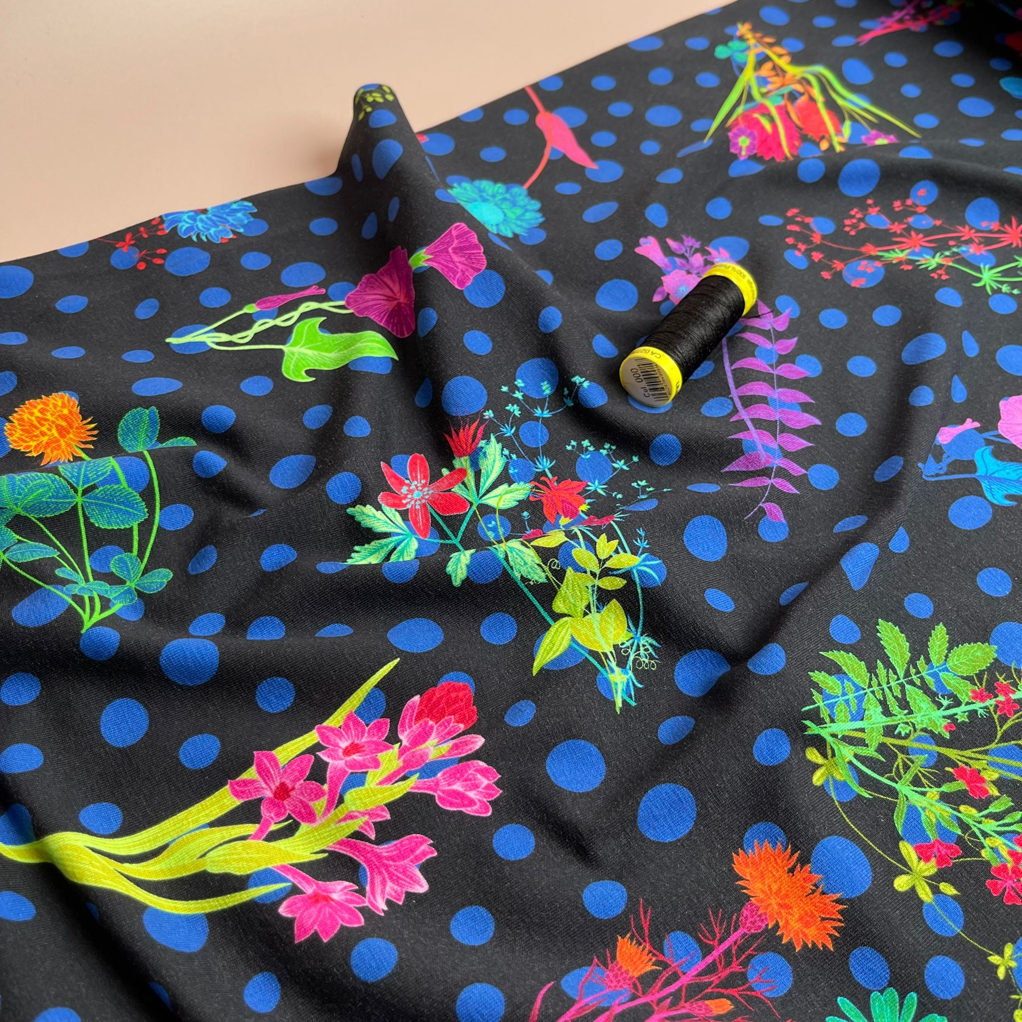 Danish Design - Disco Flowers on Black Cotton Jersey Fabric