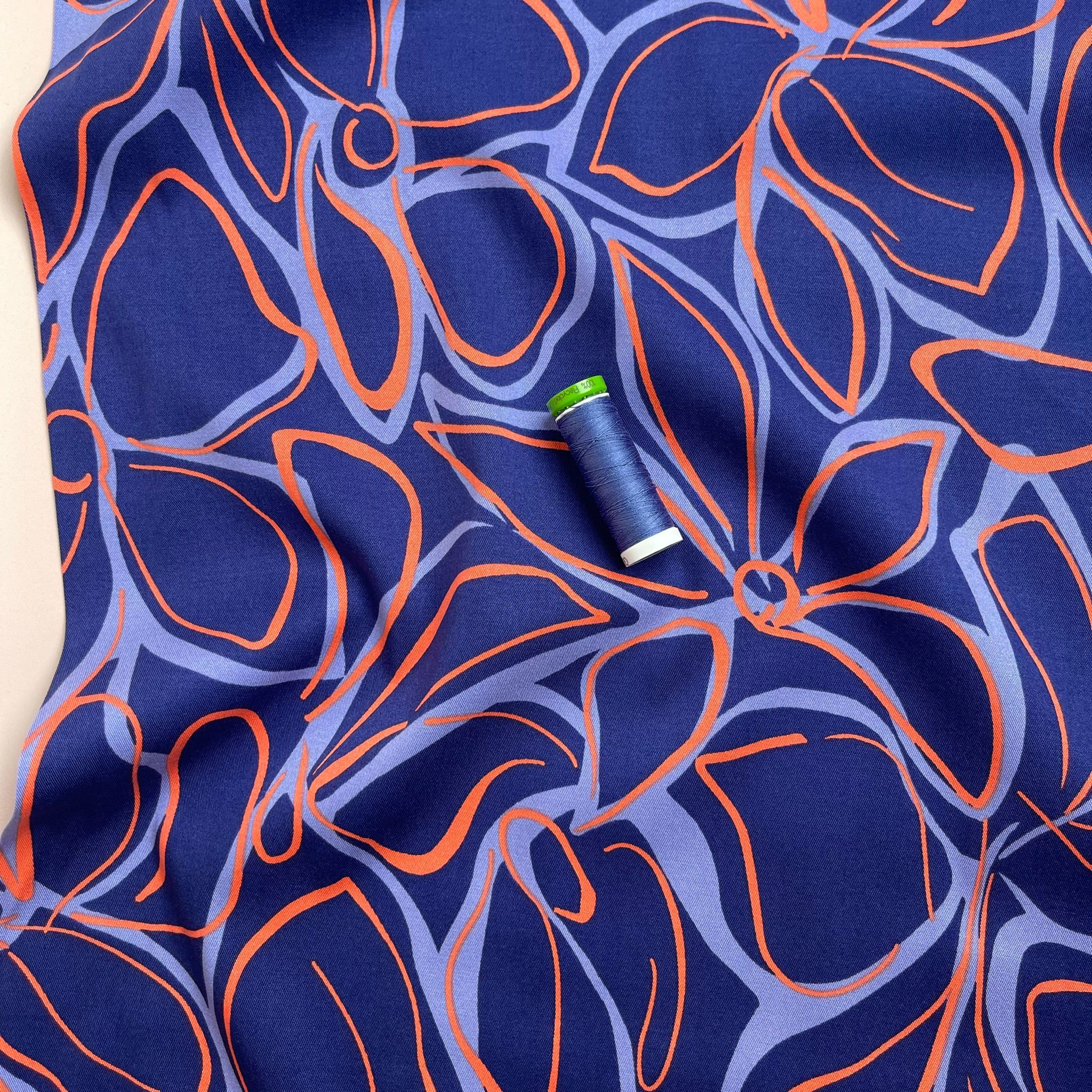 Rosella Line Flowers Navy Viscose Twill with Stretch