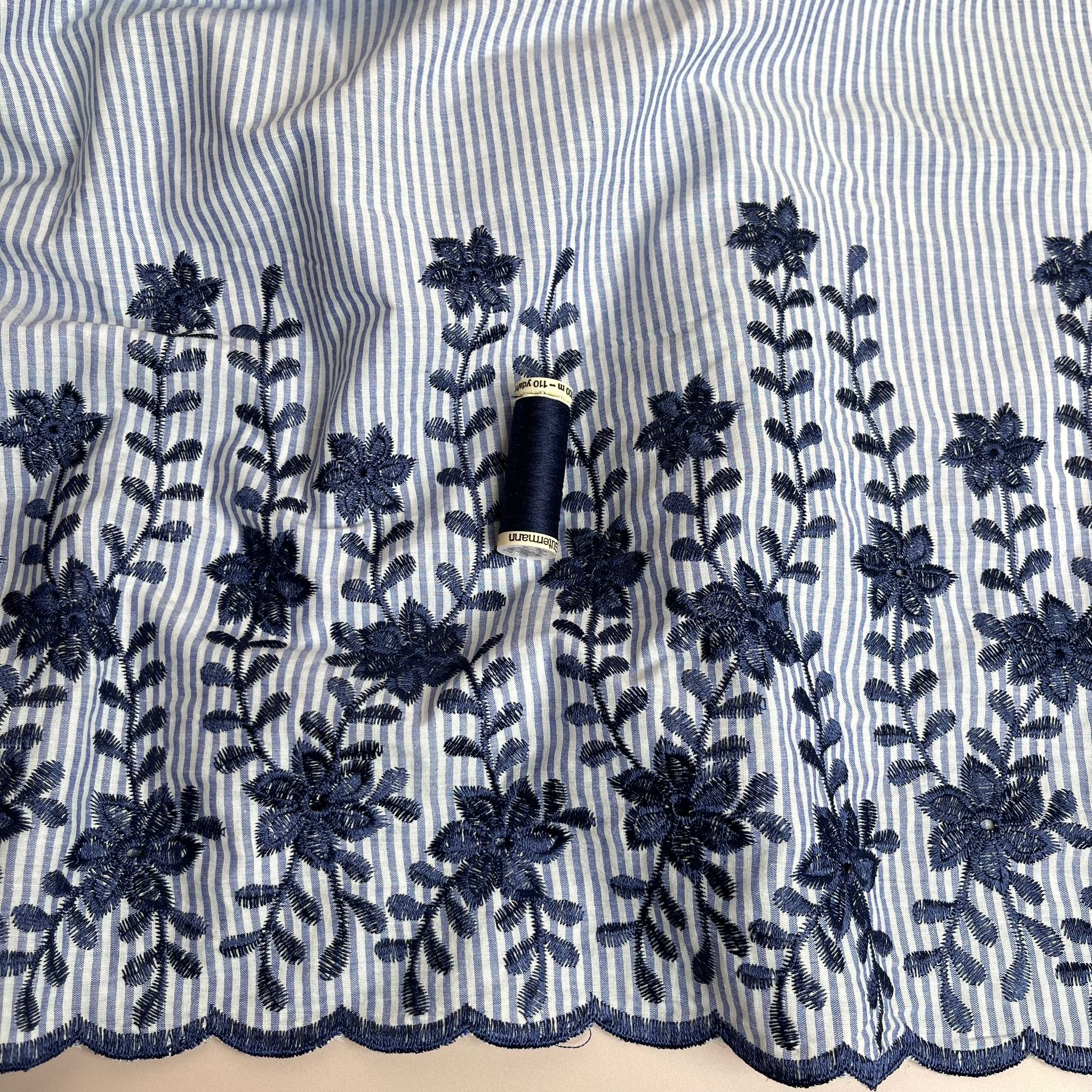 Embroidered Scalloped Flowers on Blue Striped Cotton Fabric