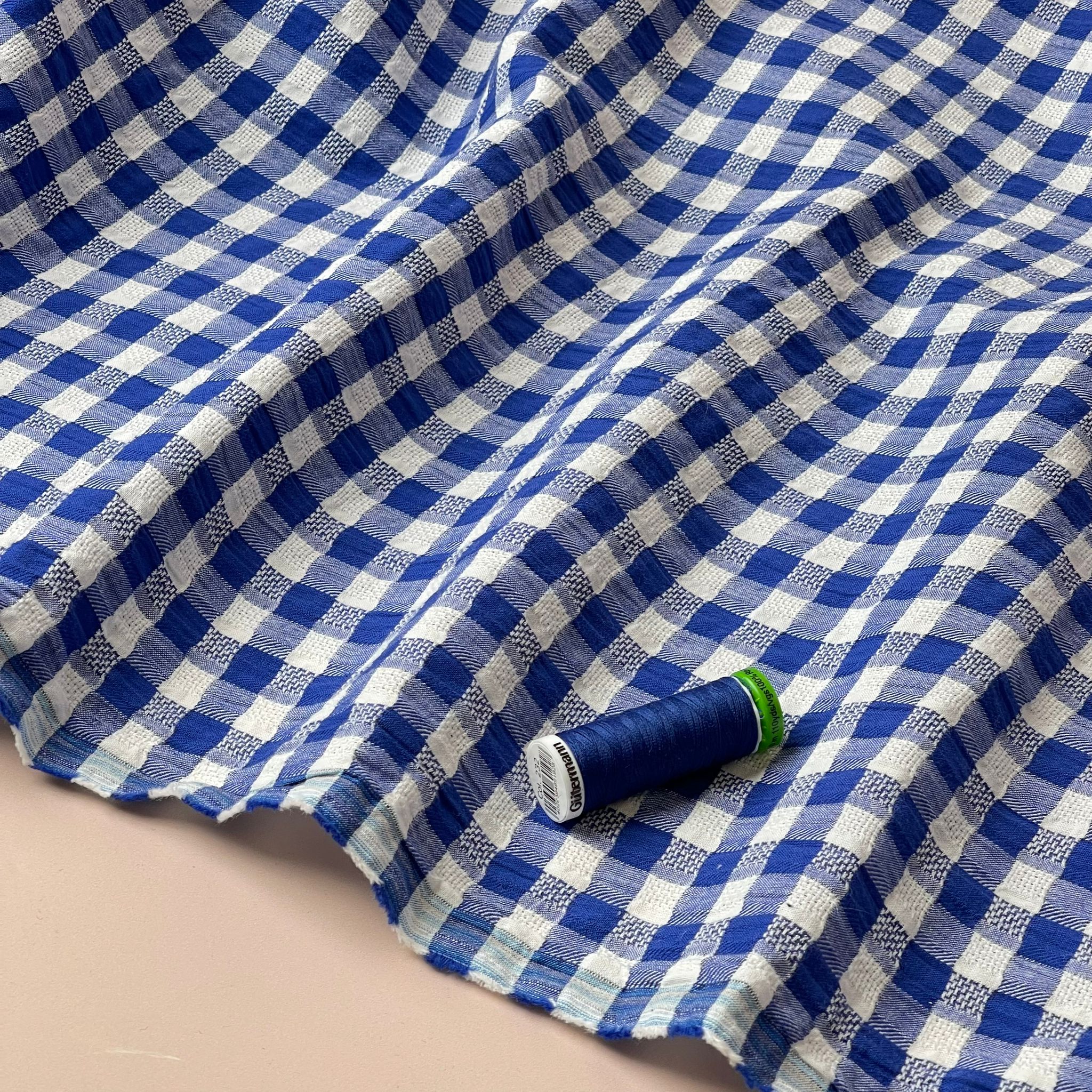 Blue Gingham Cotton Seersucker Fabric