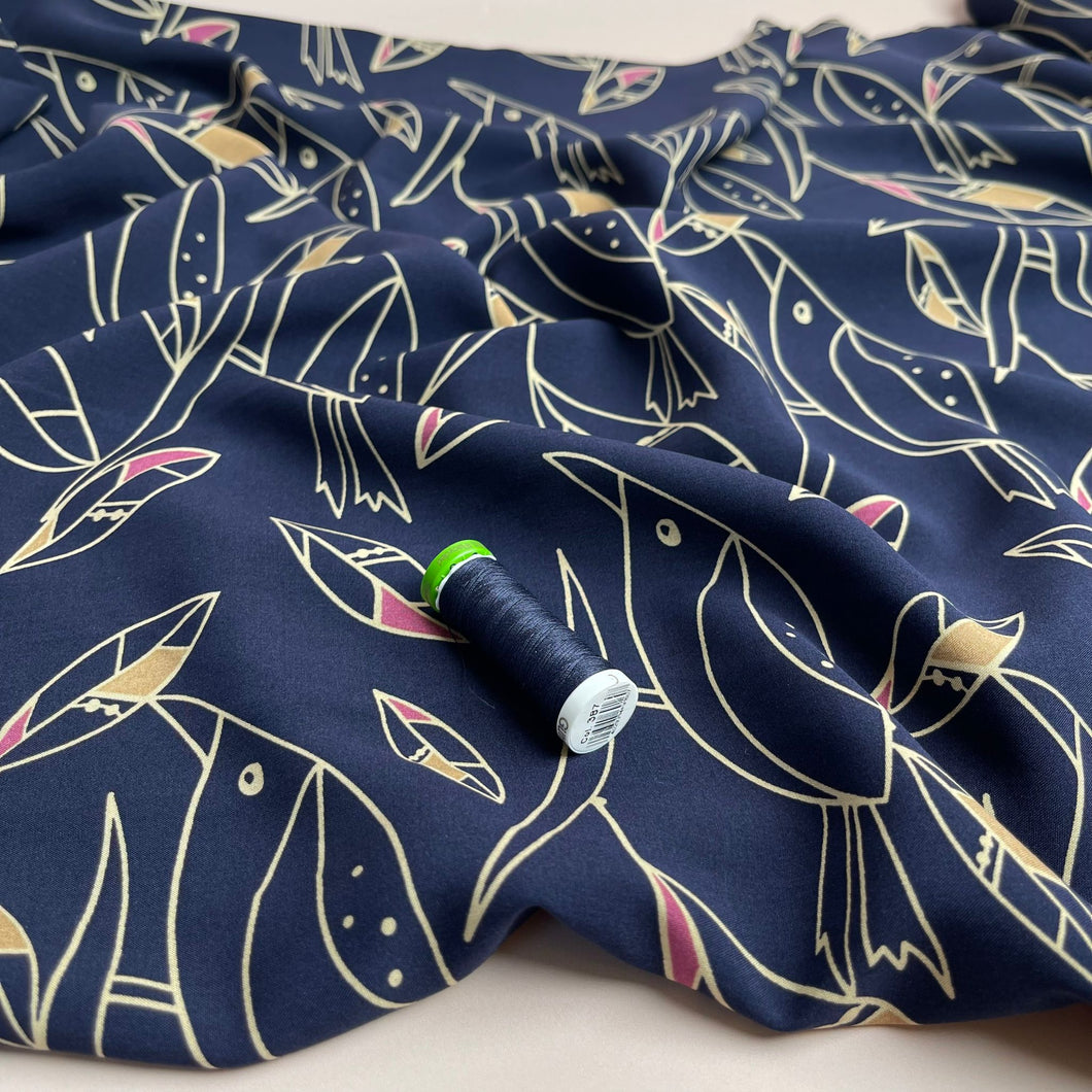 REMNANT 2 Metres - Graphic Birds Pink on Navy Viscose Poplin Fabric