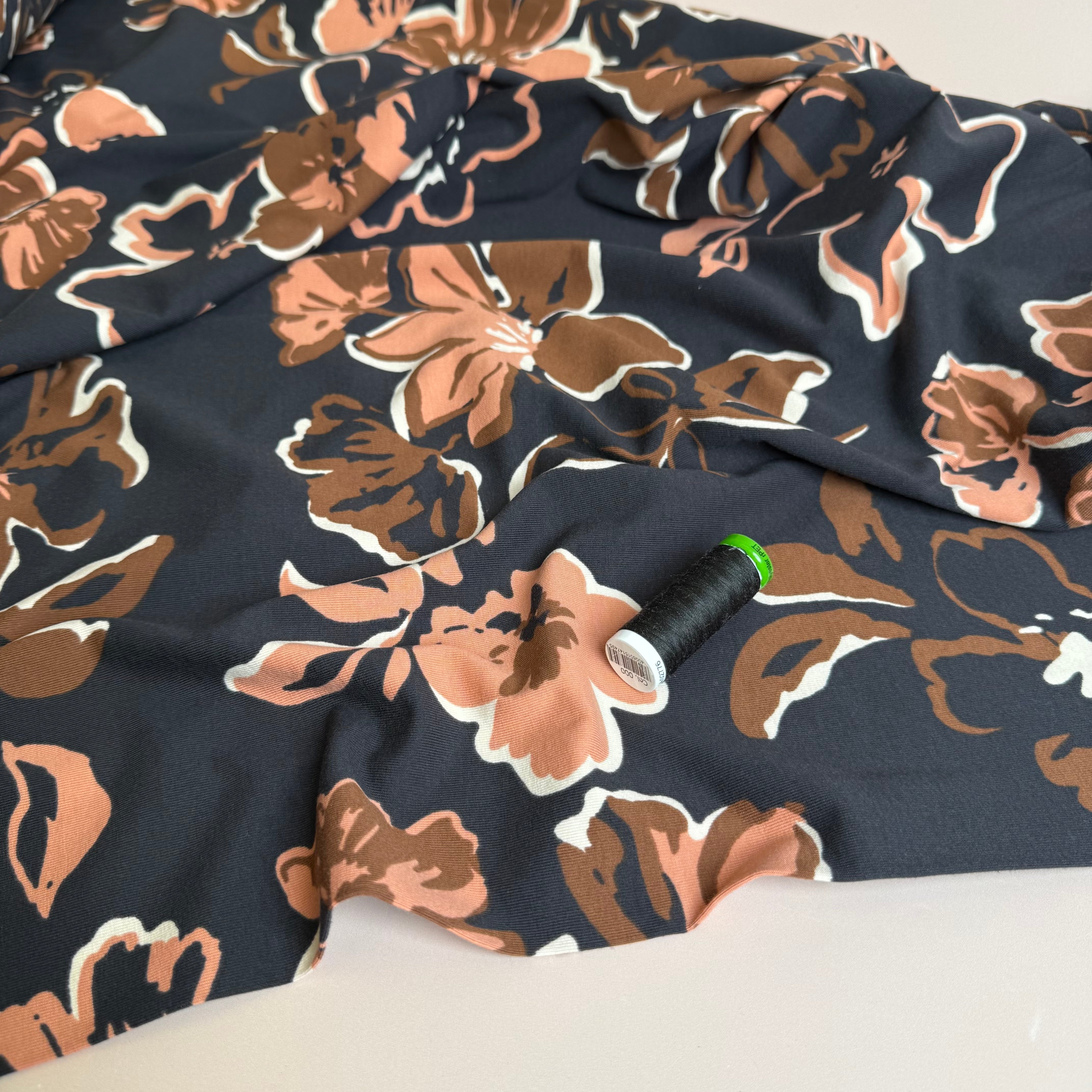 Painted Large Flowers on Black Cotton Jersey Fabric