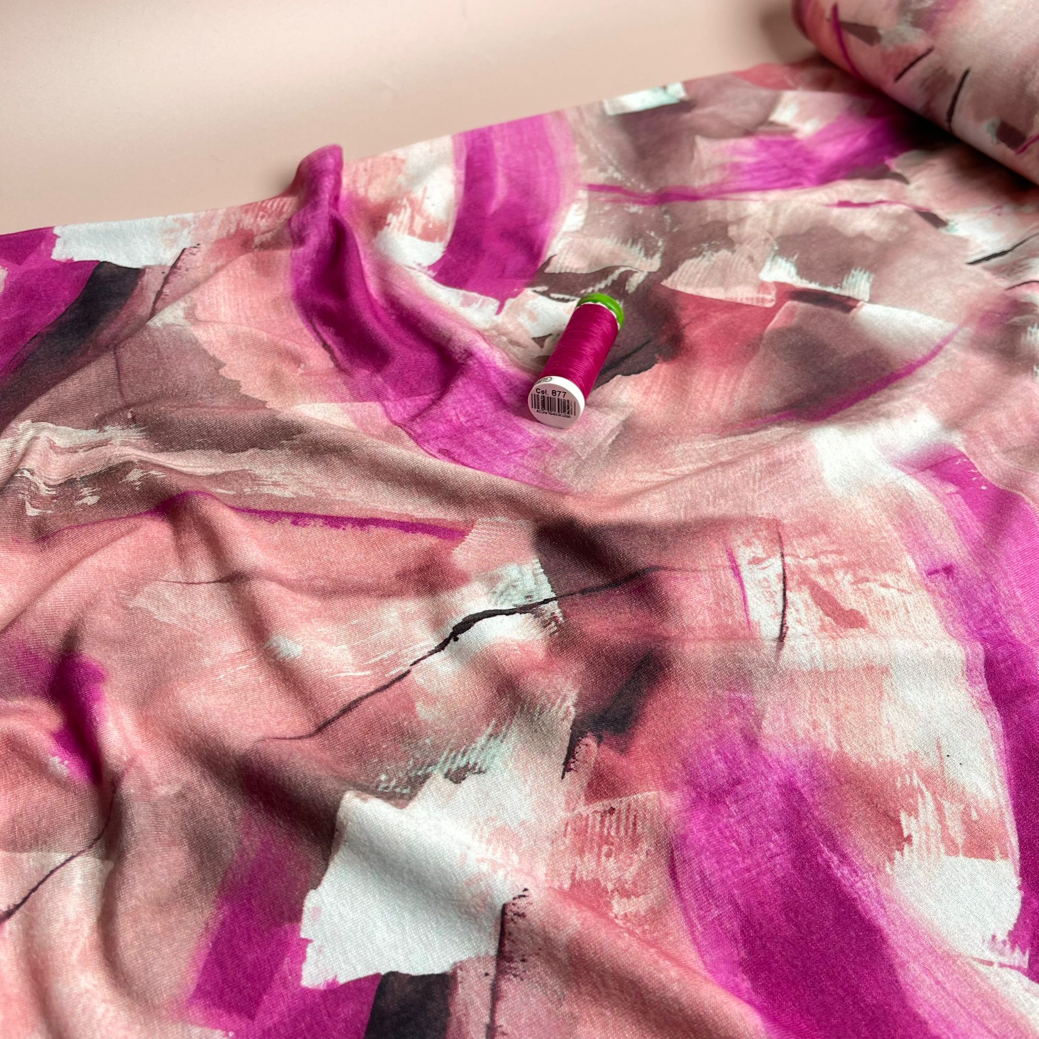 Abstract Painting in Fuchsia and Rose Viscose Jersey Fabric