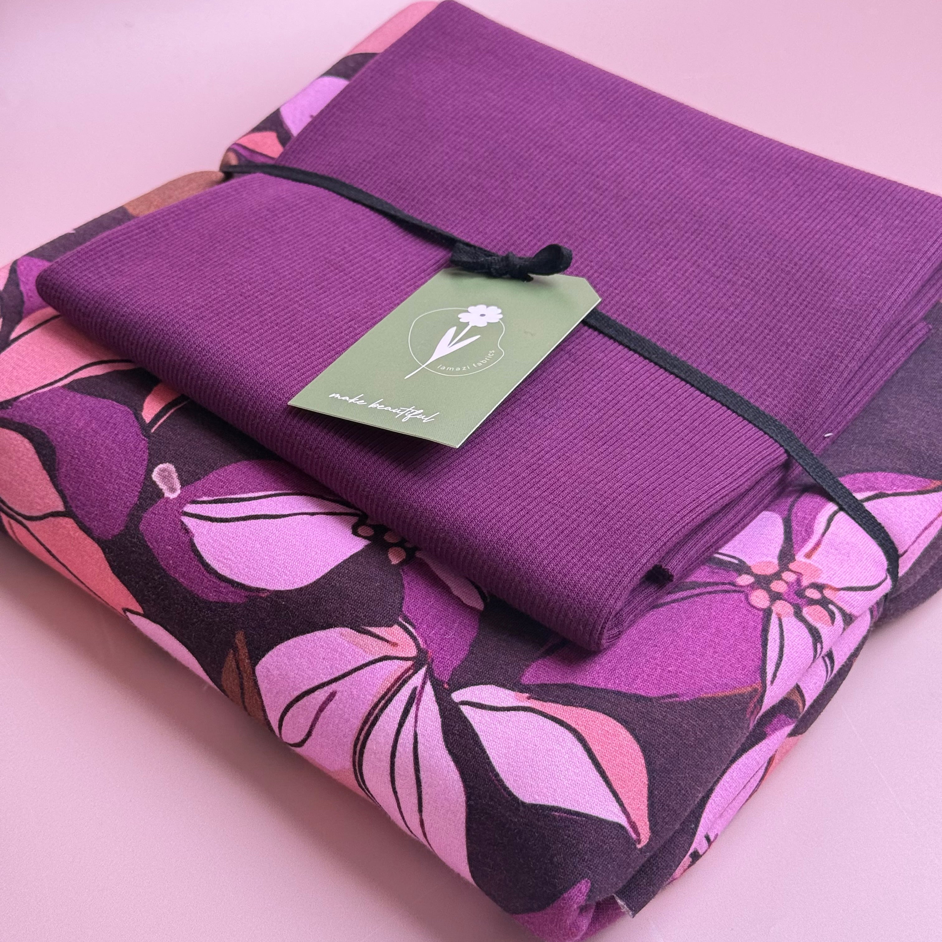 Colour Bundles - Lilies Bordeaux Cotton Sweatshirting & Matching Ribbing