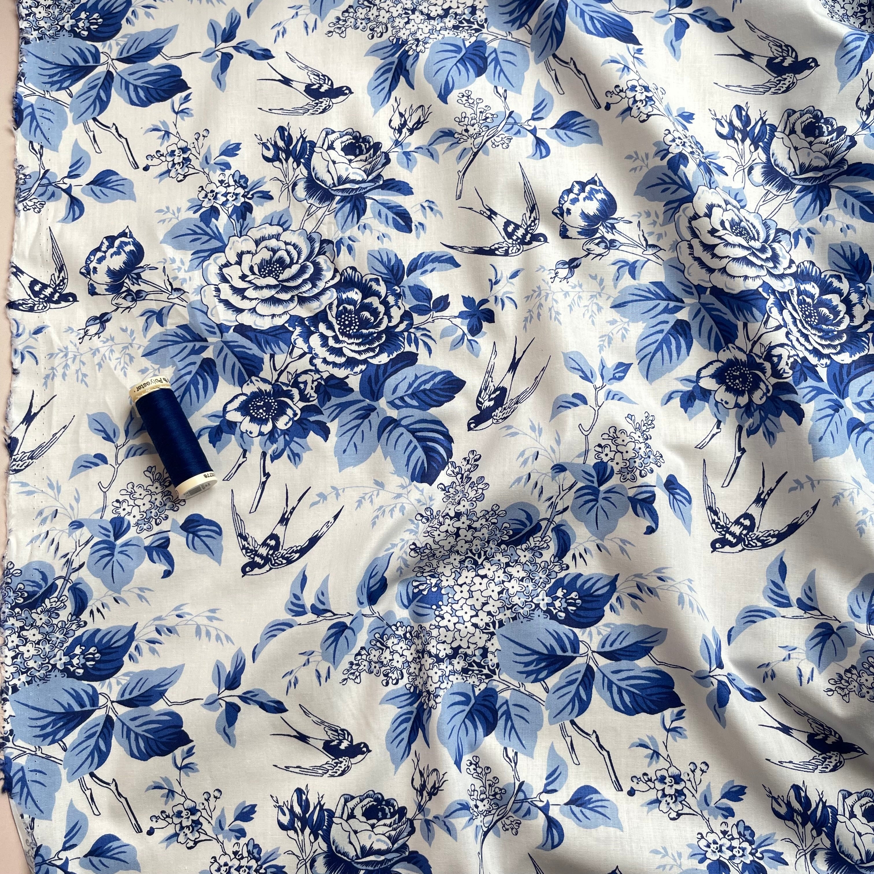 Toile De Jouy Birds in Dusty Blue Cotton Poplin