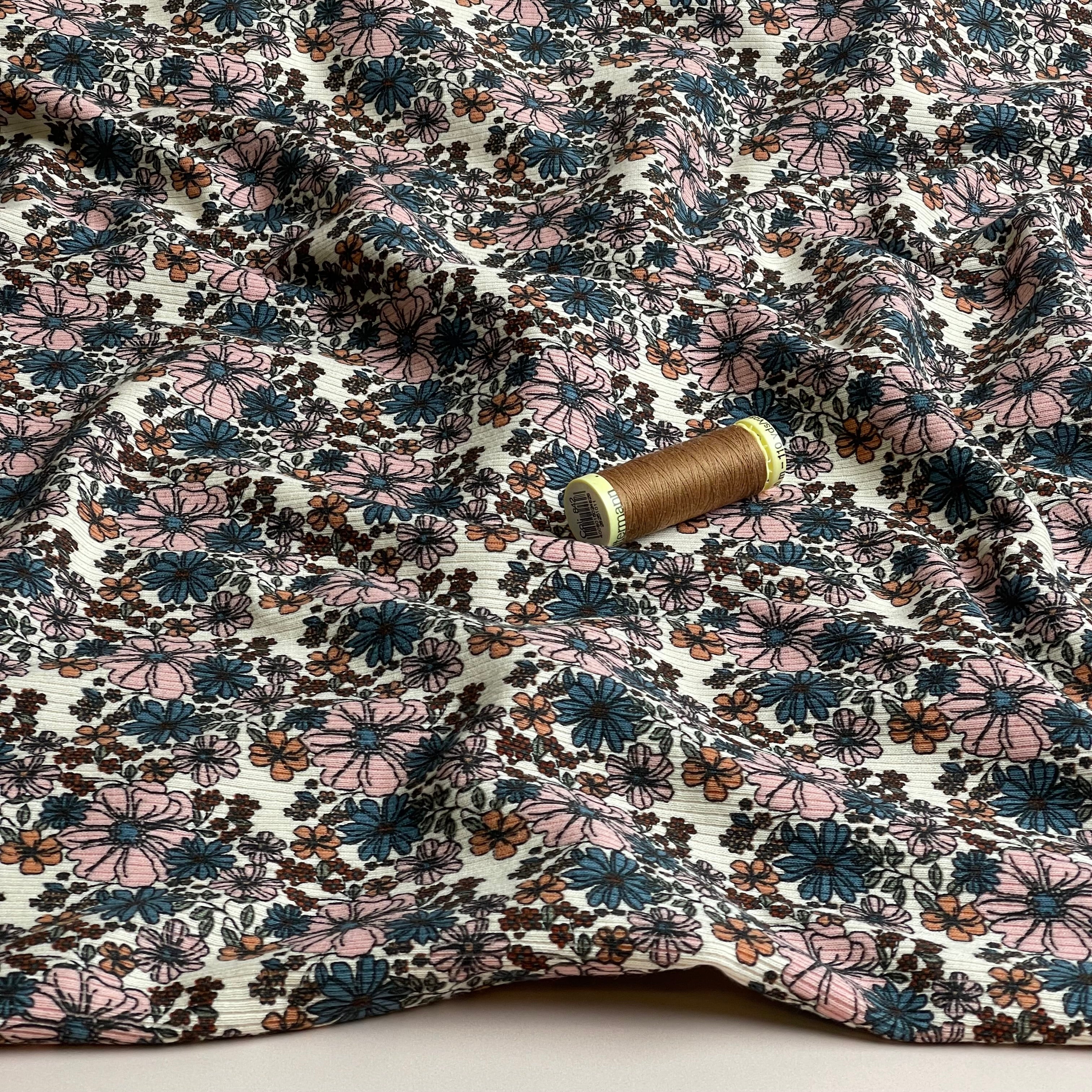 Flower Garden Petrol Cotton Ribbed Jersey