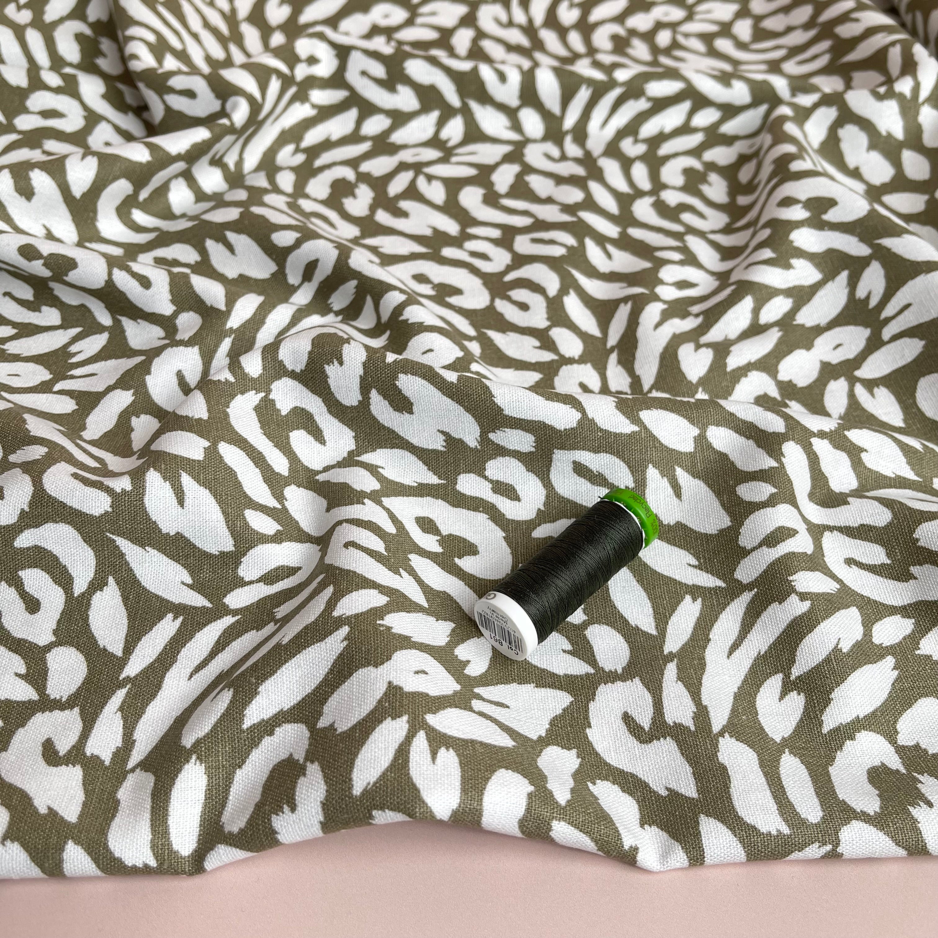 REMNANT 1.65 Metres - Animal Print on Olive Green Linen Viscose Blend Fabric