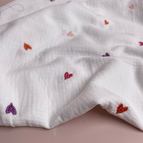 Embroidered Hearts on White Cotton Double Gauze