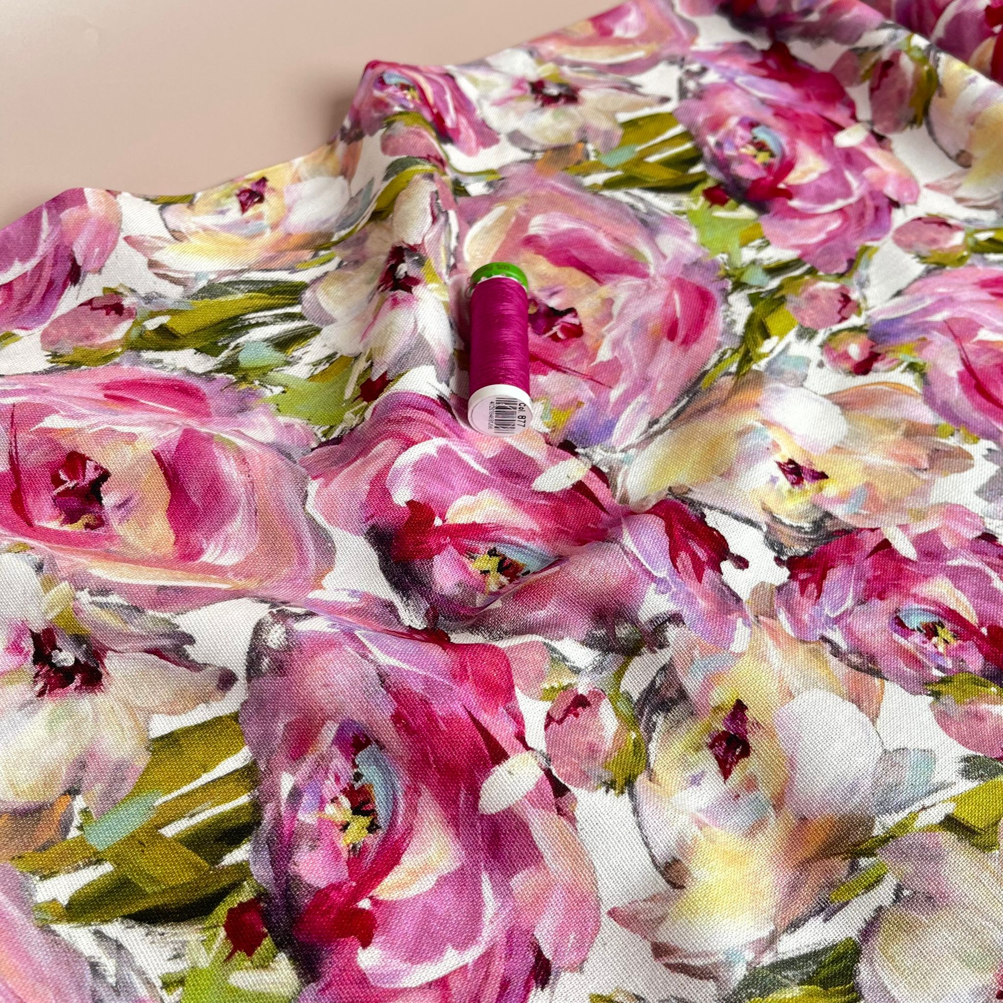 Pink Roses Viscose Linen Fabric