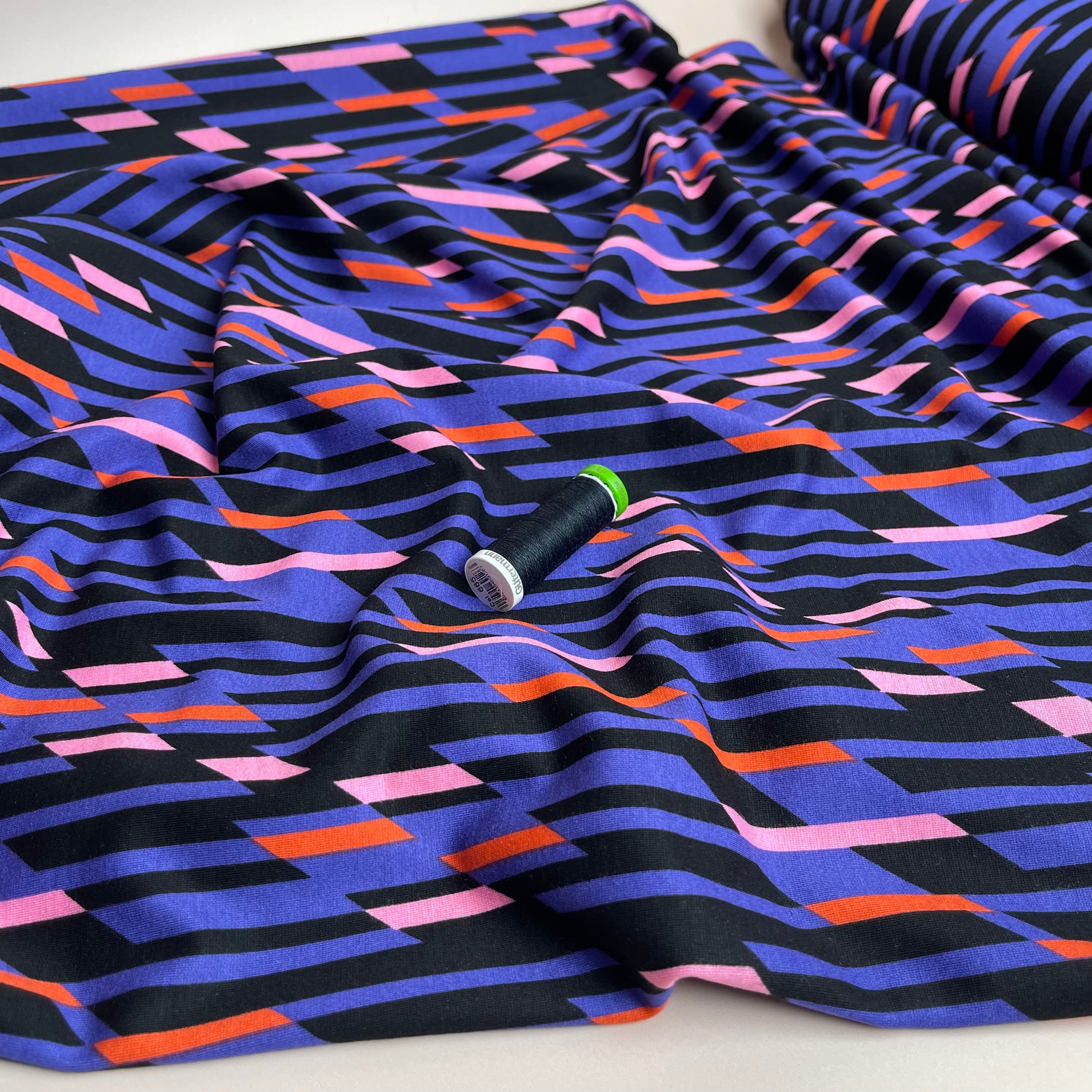 Abstract Lines Navy Viscose Ponte Roma Double Knit Fabric