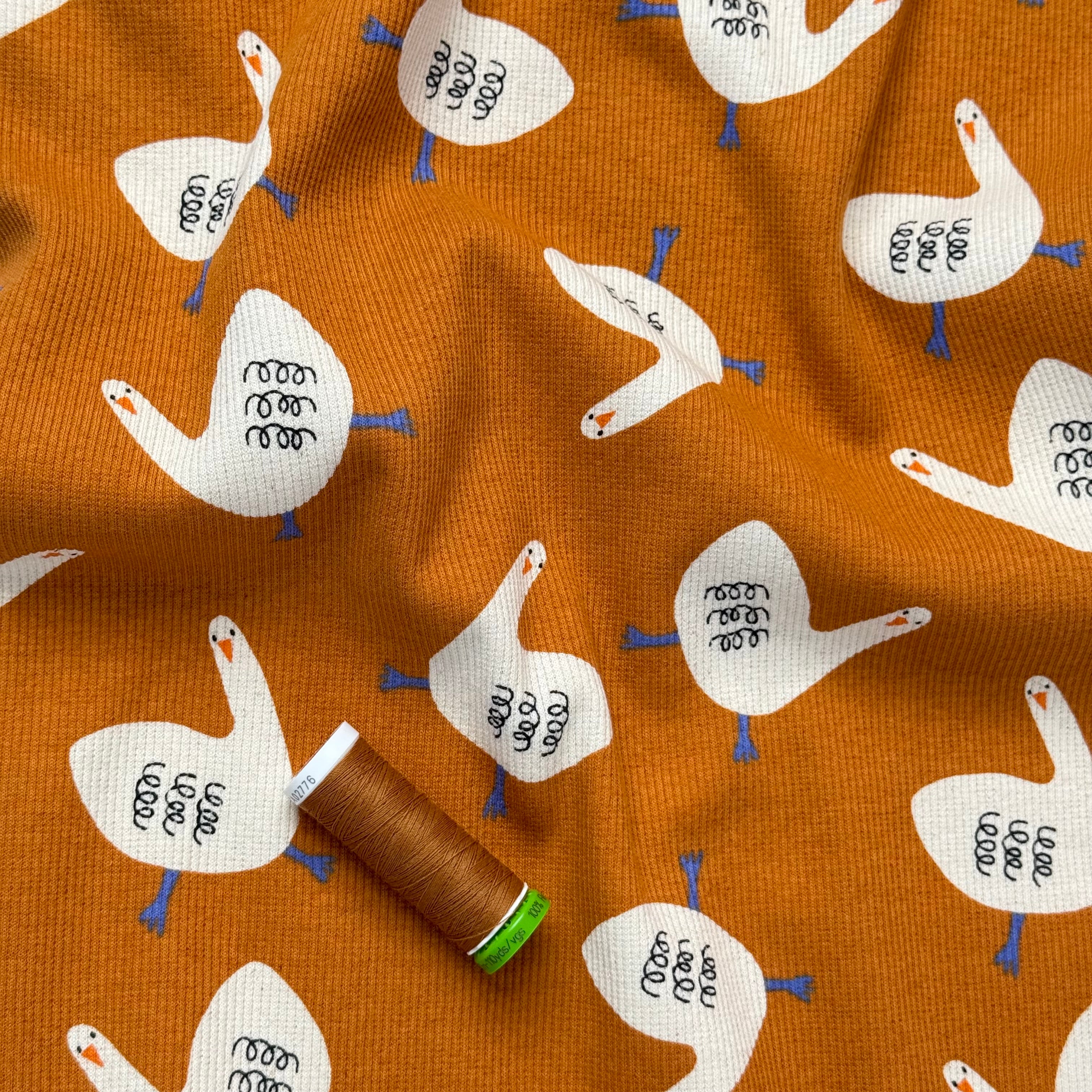 Geese on Ochre Organic GOTS Cotton Ribbed Jersey