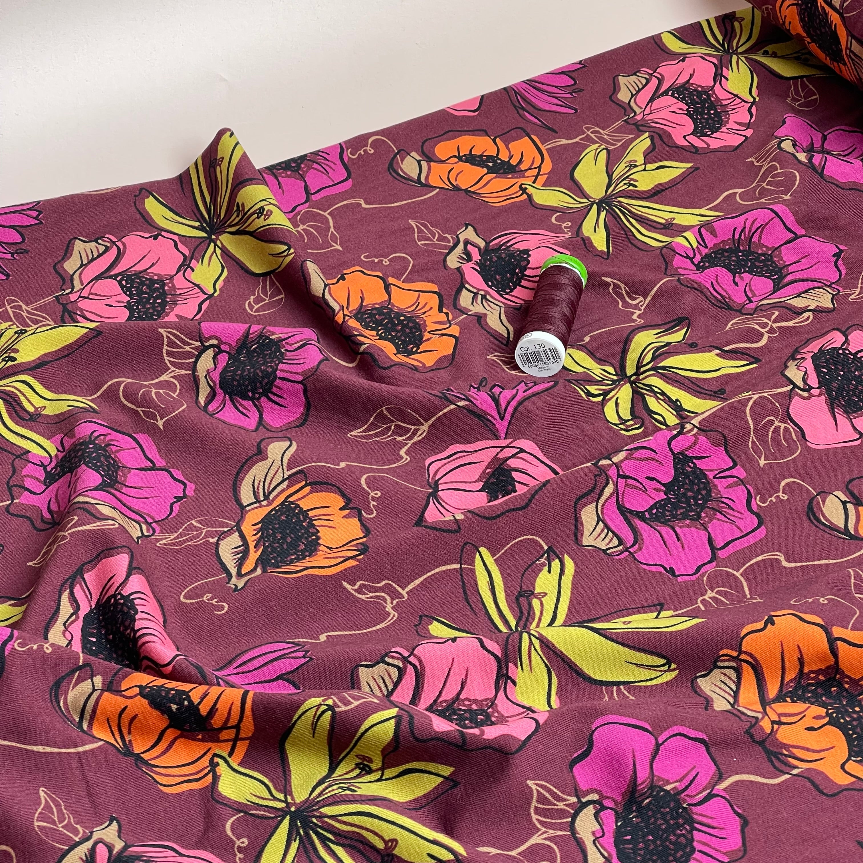 Danish Design - Autumn Blooms on Burgundy Cotton Jersey