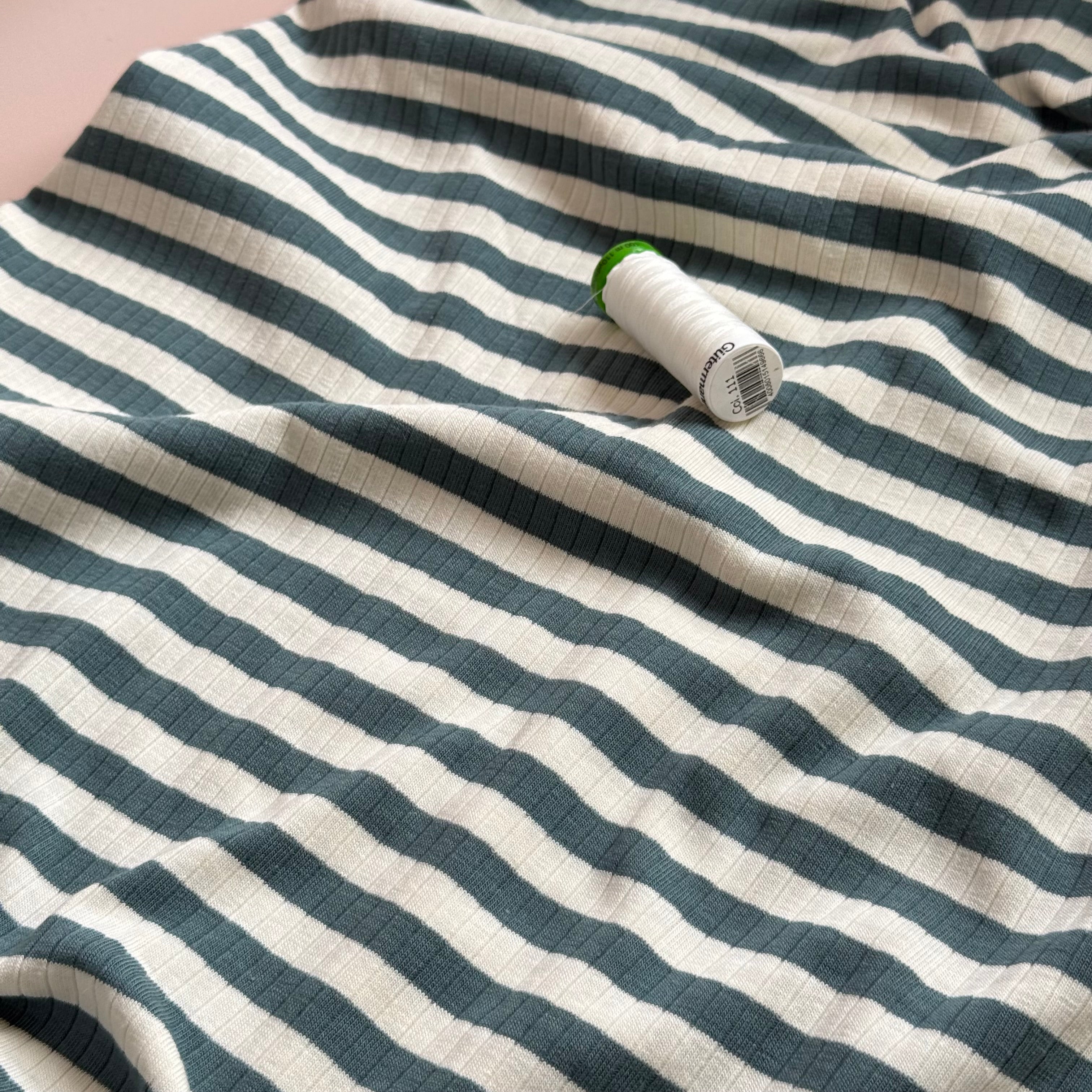 Yarn Dyed Striped Cotton Ribbed Jersey in Petrol and White