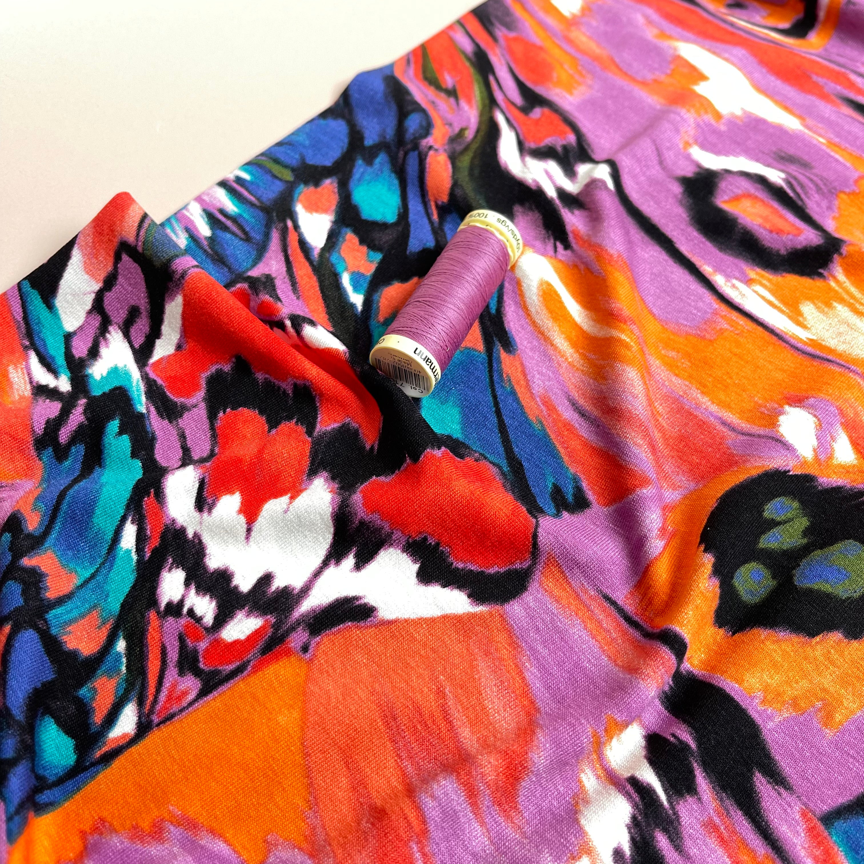 Butterfly Wings Orange and Lilac Viscose Jersey Fabric