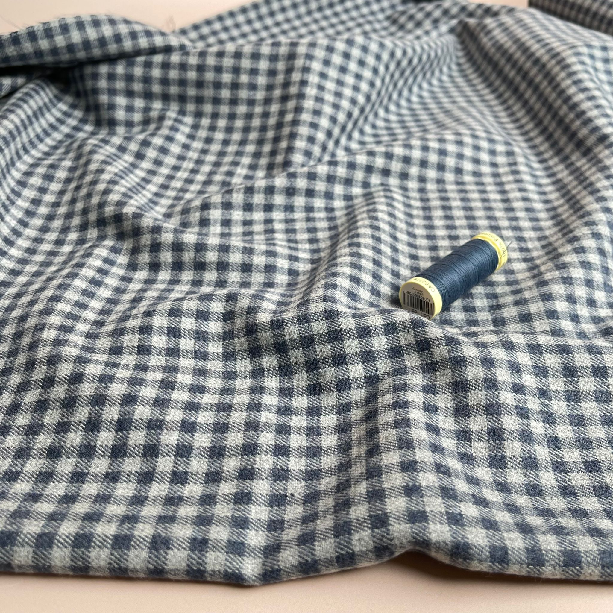 REMNANT 2.24 Metres - Yarn Dyed Mini Denim Blue Gingham Cotton Flannel