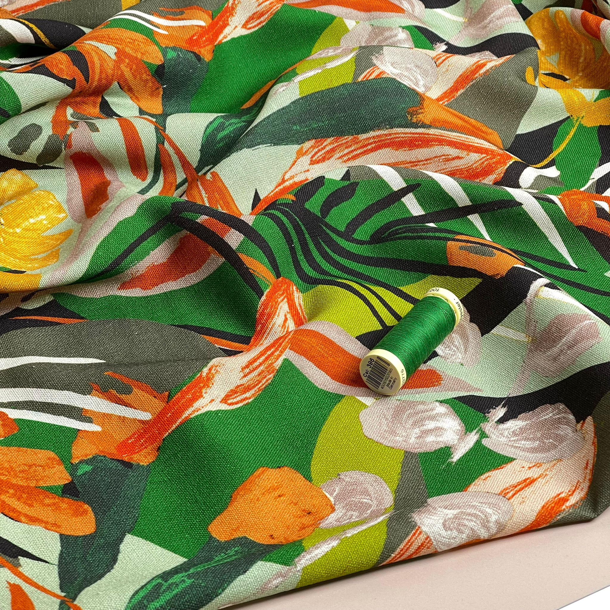 Tropical Forest in Emerald Viscose Linen Fabric