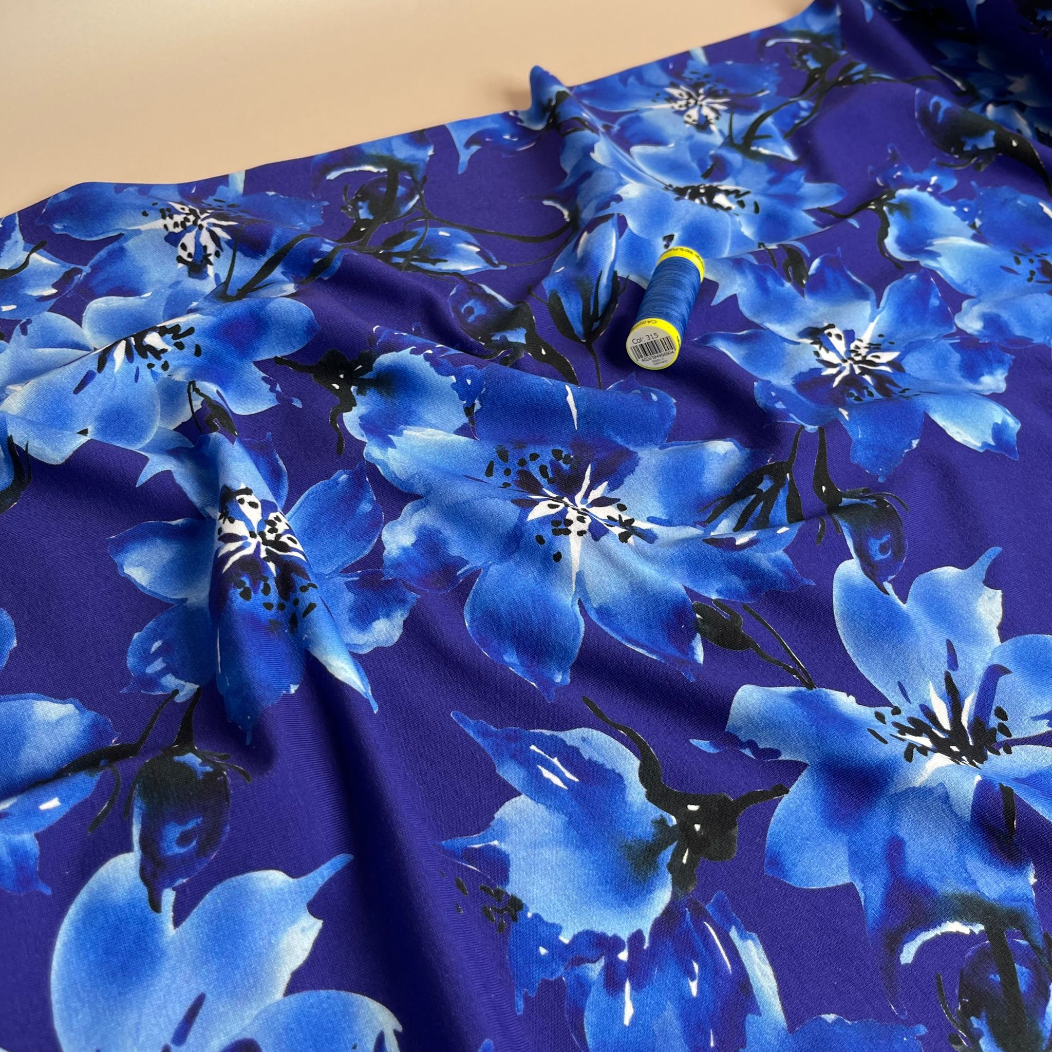 REMNANT 1.64 Metres - Danish Design - Watercolour Cobalt Blooms Cotton Jersey Fabric