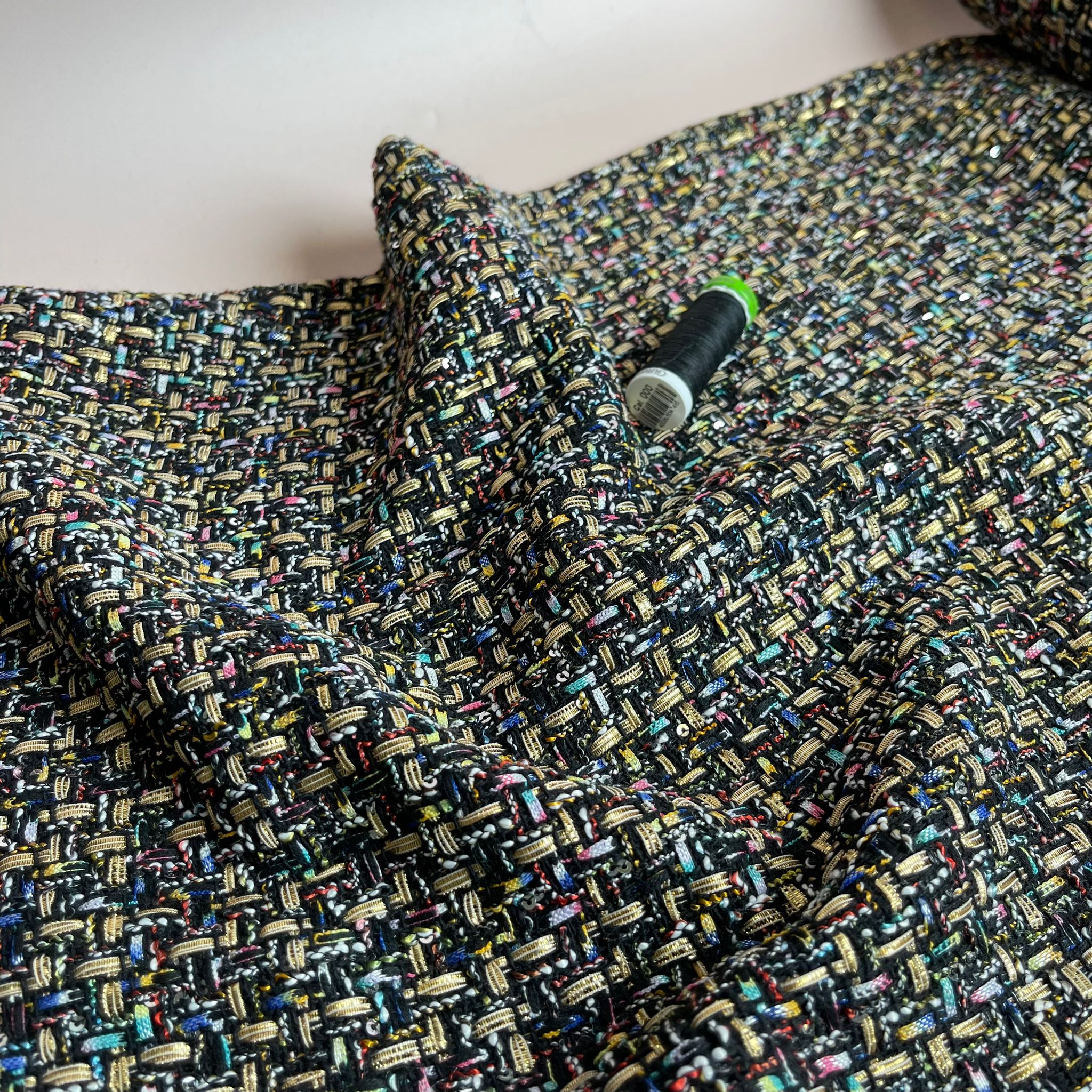 Rainbow on Black Tweed Boucle Fabric