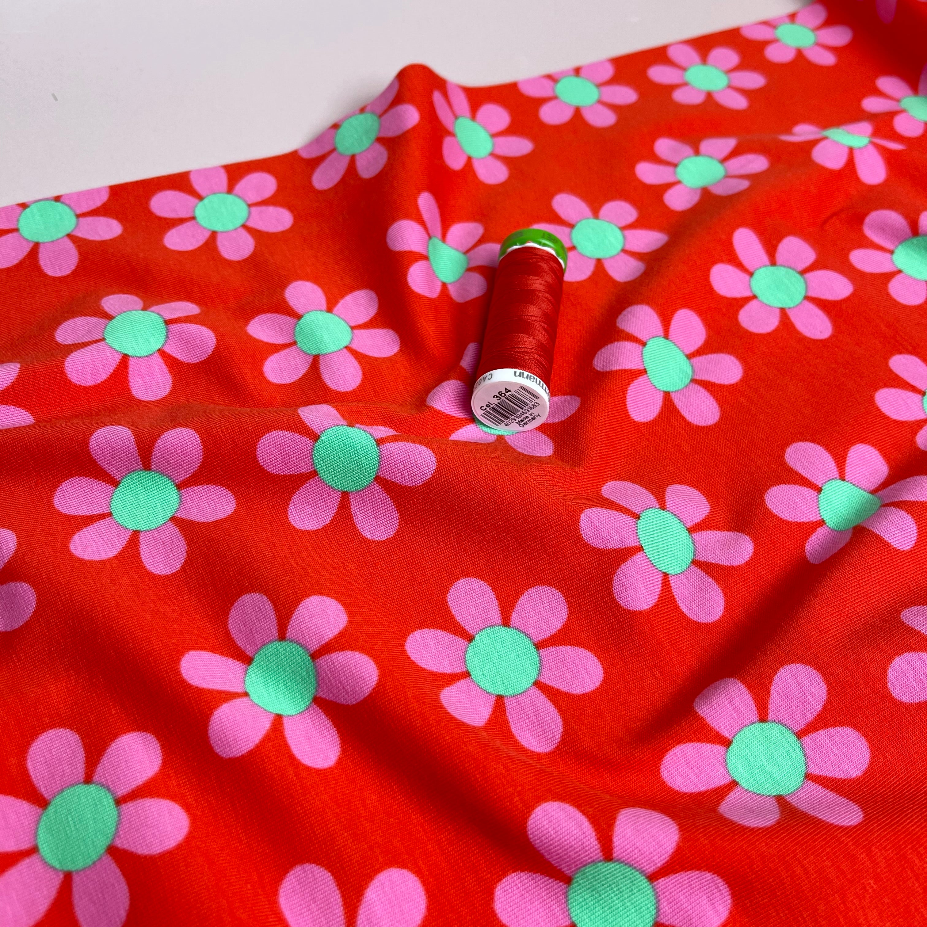 Graphic Flowers Red Cotton Jersey Fabric