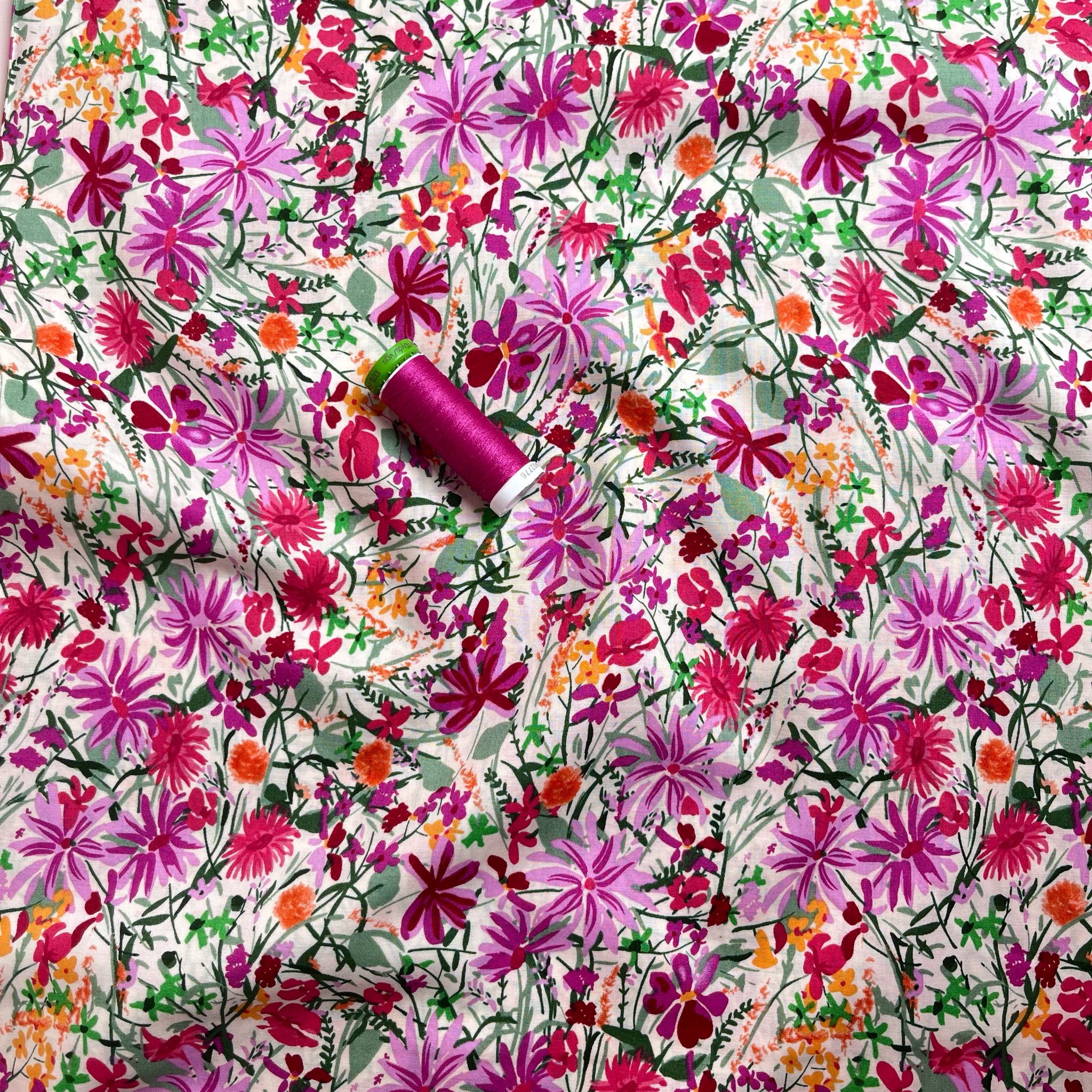 Magenta Meadow on White Cotton Lawn Fabric