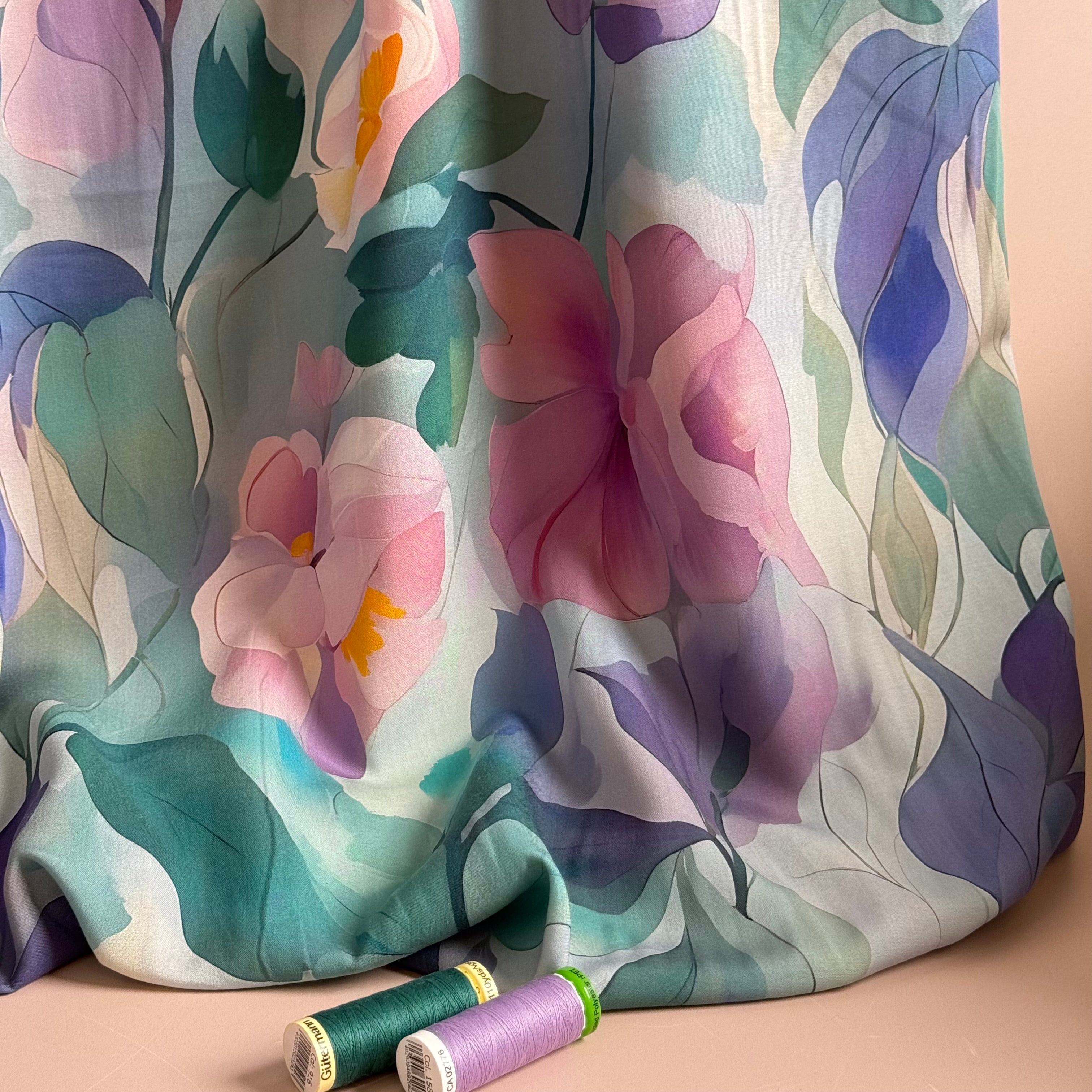 Painted Flowers Petrol Viscose Fabric