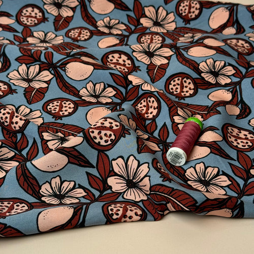 Pomegranates on Dusky Blue Viscose Fabric