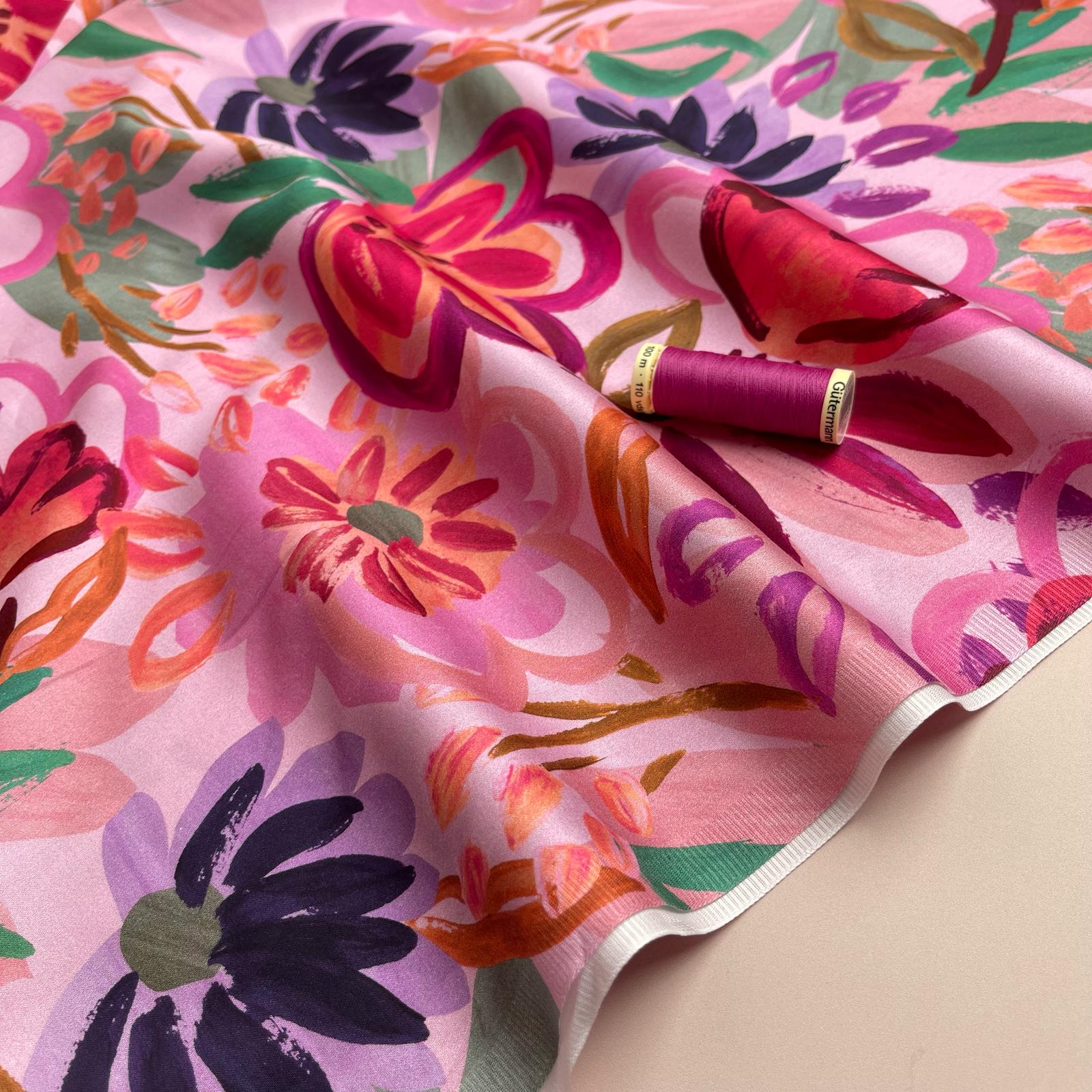 Painted Spring Garden on Pink Cotton Sateen Fabric