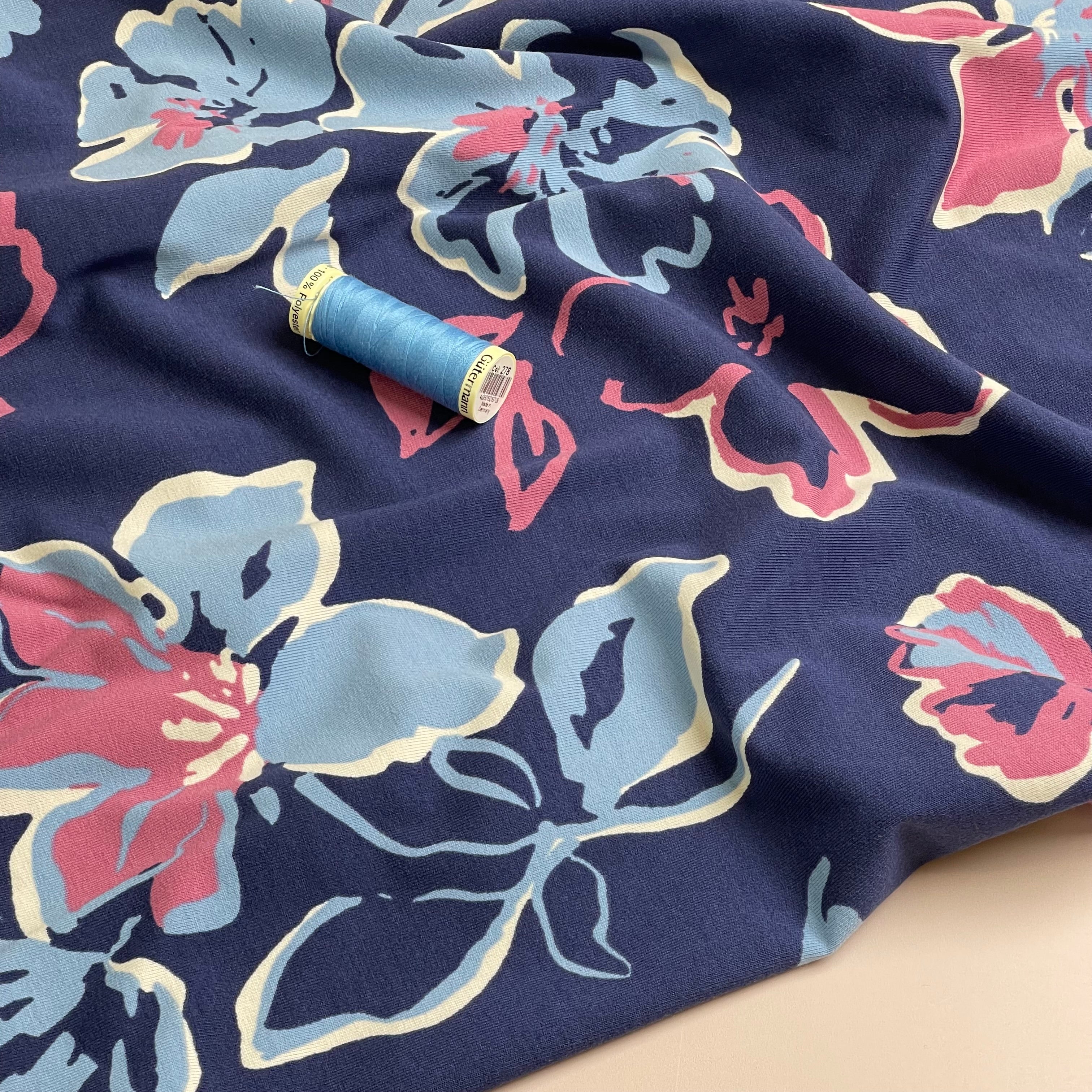 Painted Large Flowers on Navy Cotton Jersey Fabric