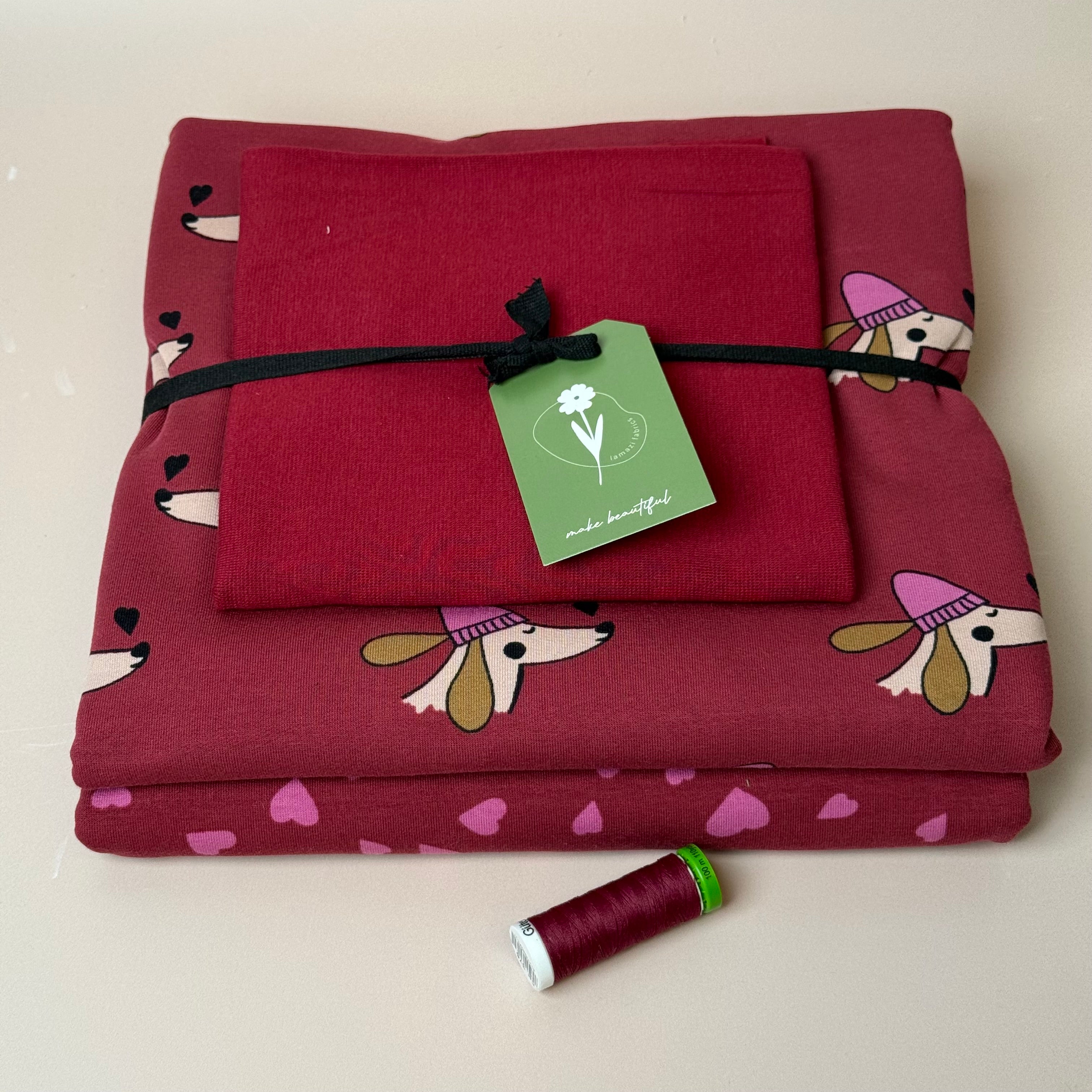 Make an Outfit Colour Bundle - Dogs and Heart Berry Cotton Sweat-shirting with Ribbing