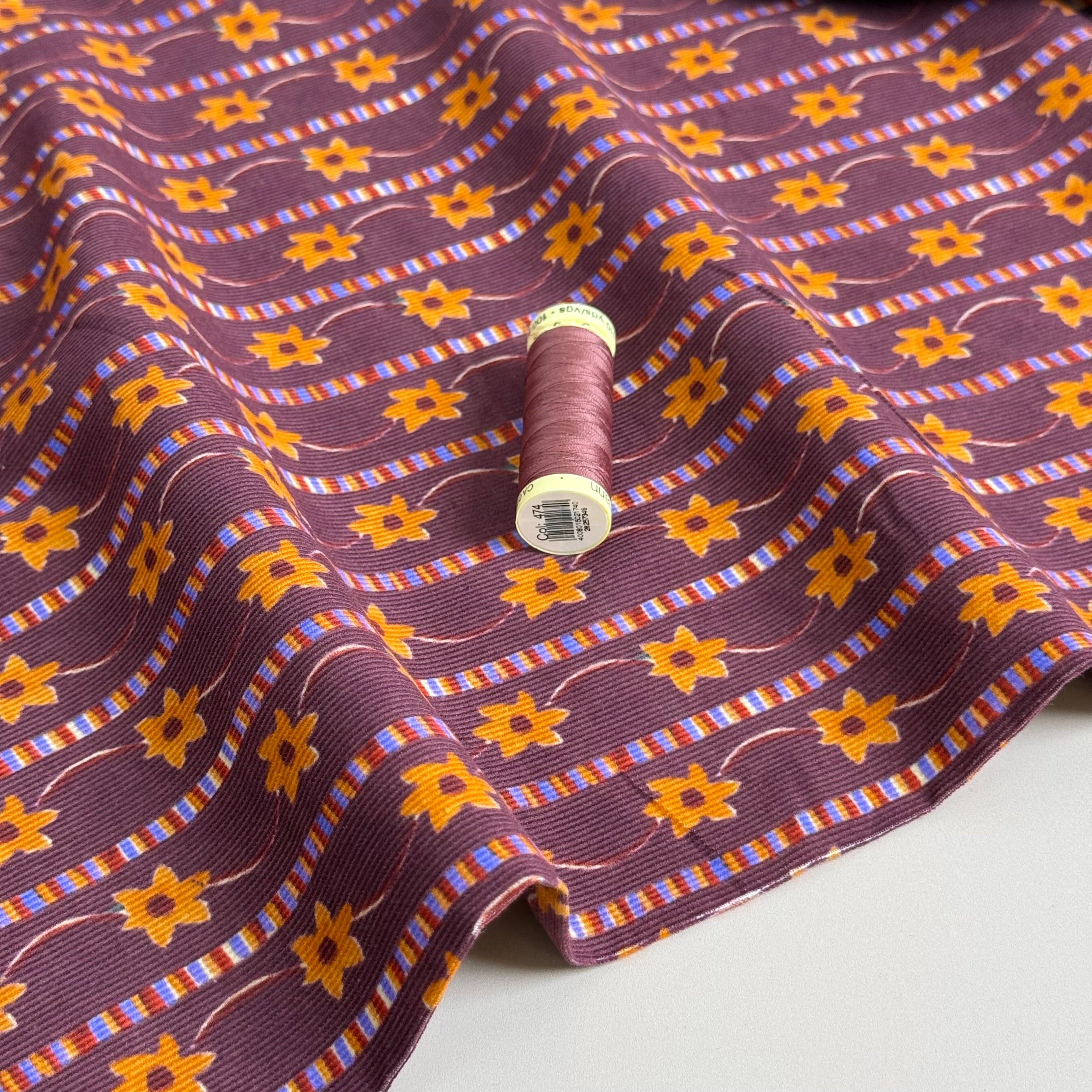 Flower Chain on Burgundy Cotton Needlecord
