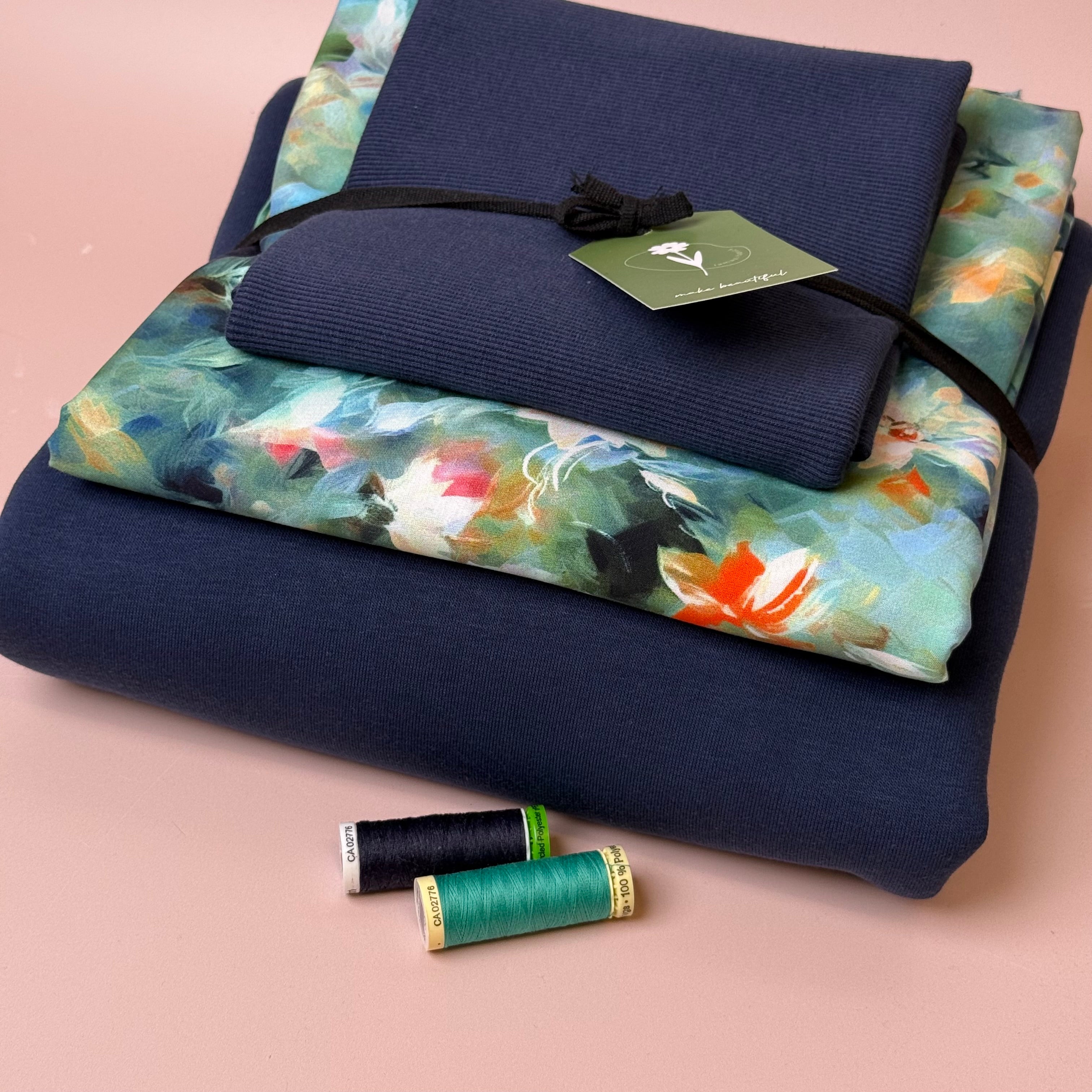 Make an Outfit Colour Bundle - Watercolour Florals Viscose & Sweatshirting in Navy with Ribbing