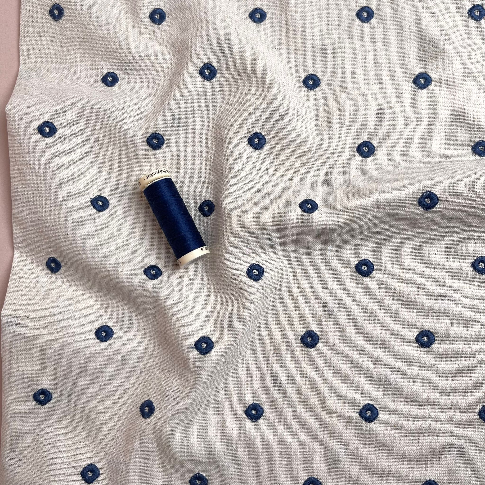 Embroidered Navy Circles on Natural Viscose Linen Blend Fabric