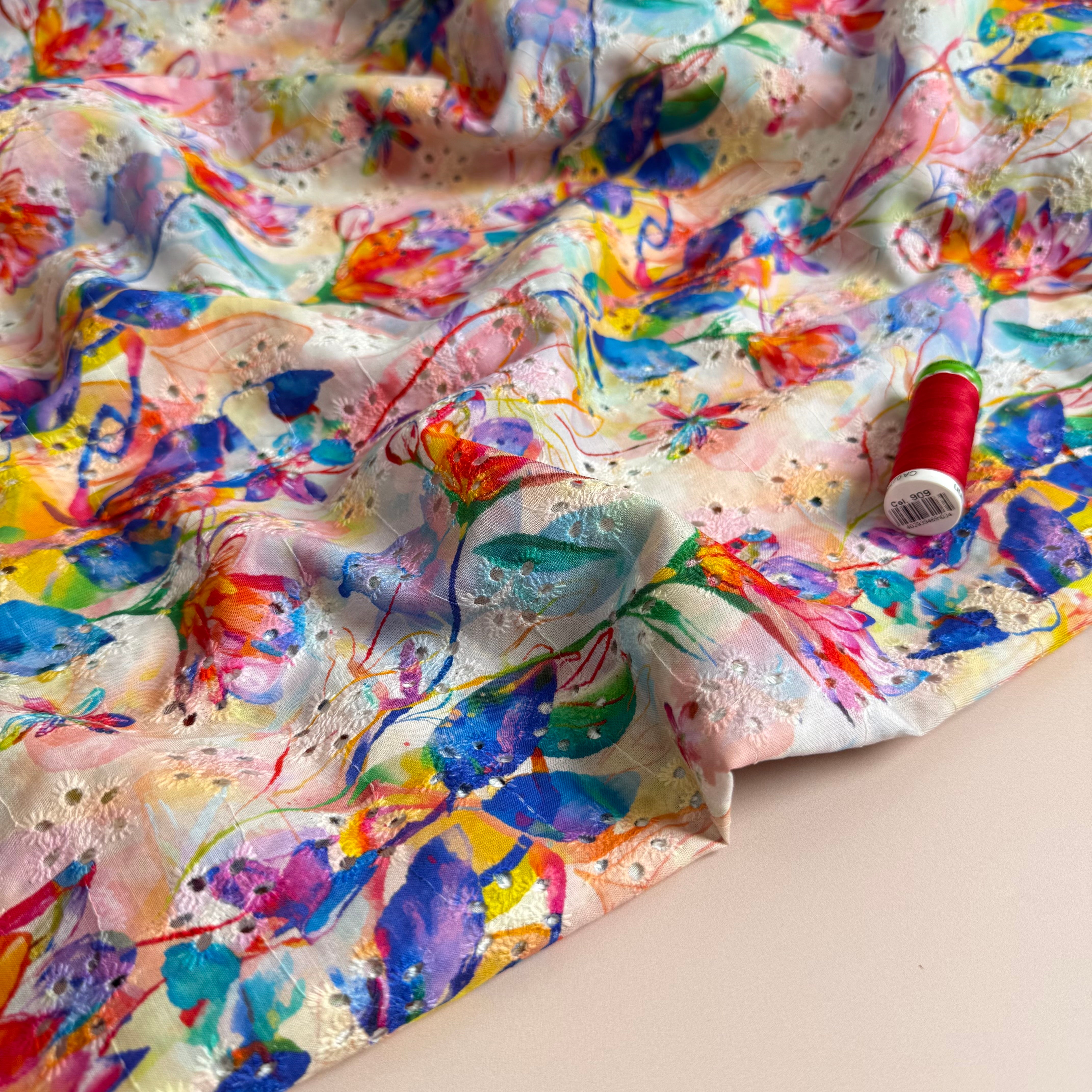 Rainbow Flowers on Embroidered Cotton Voile Fabric