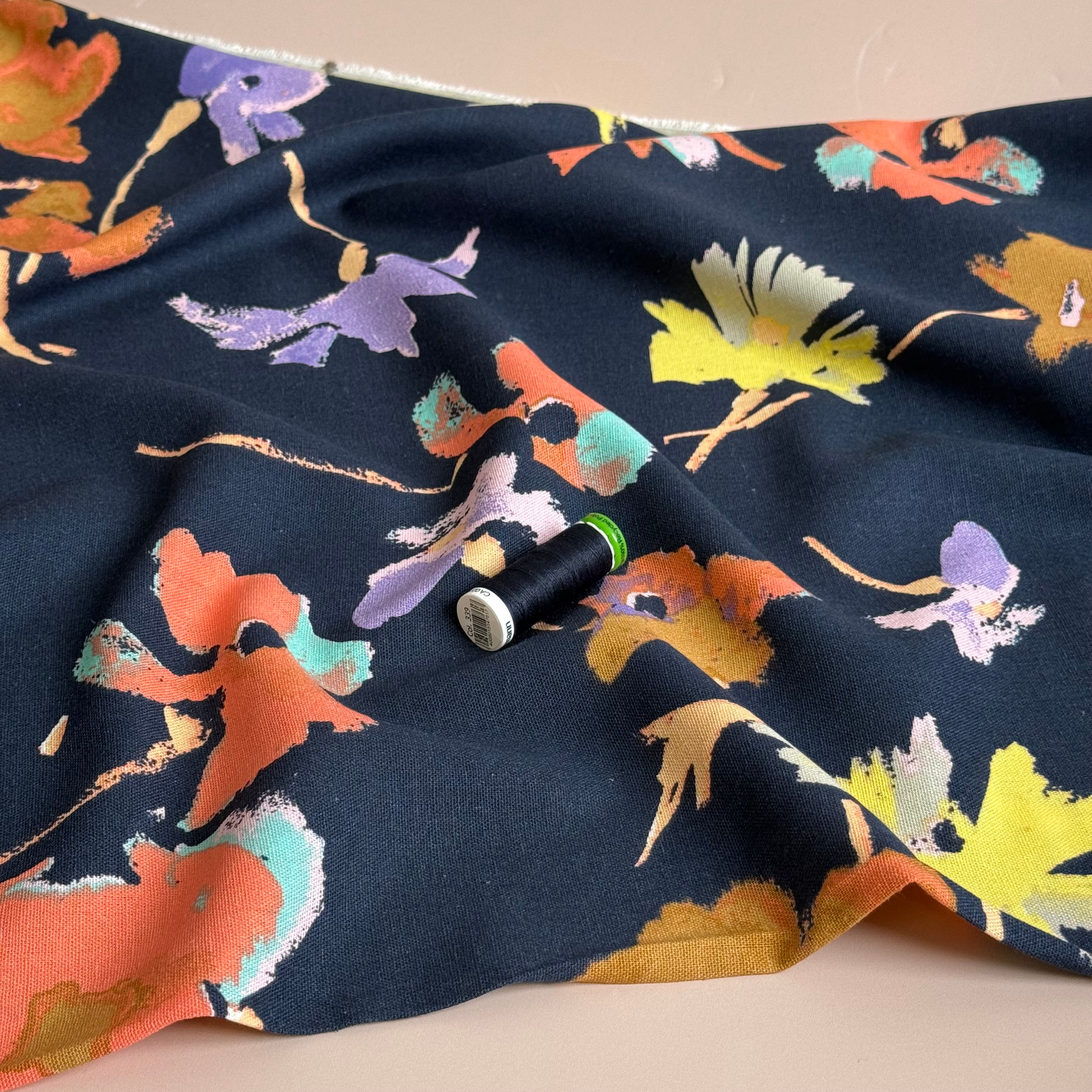 Abstract Blooms on Navy Viscose Linen Fabric