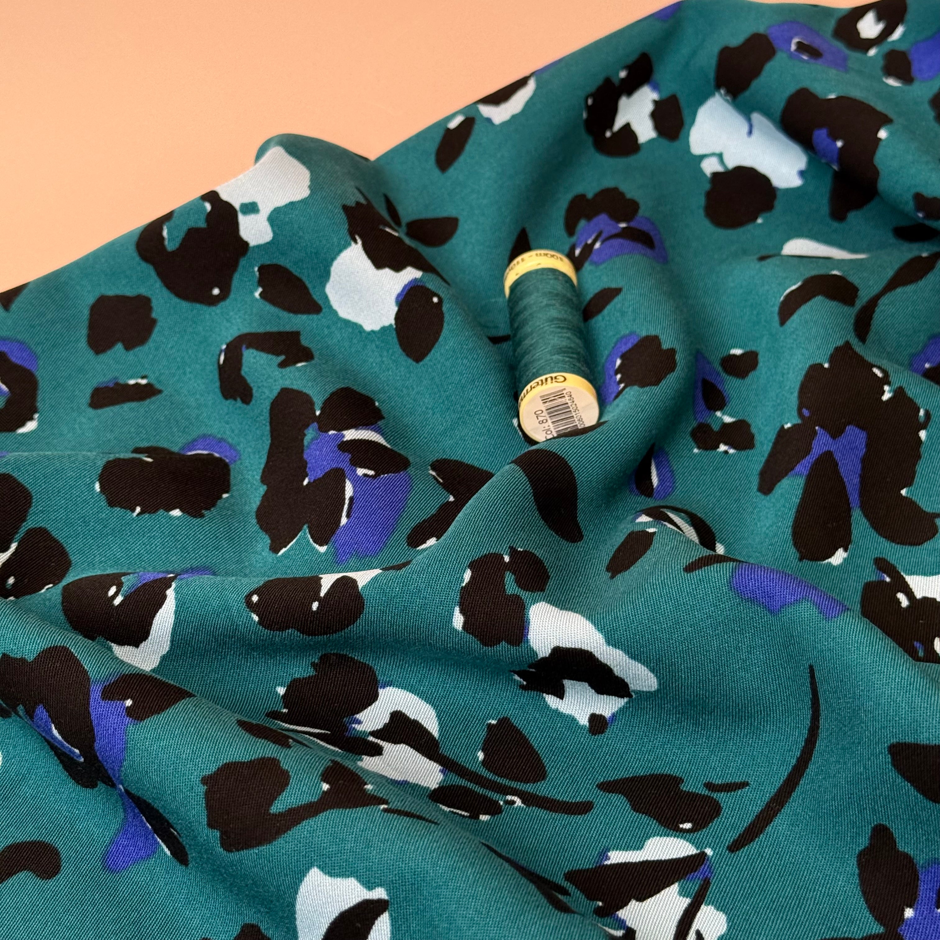Abstract Leopard Petrol Viscose Twill