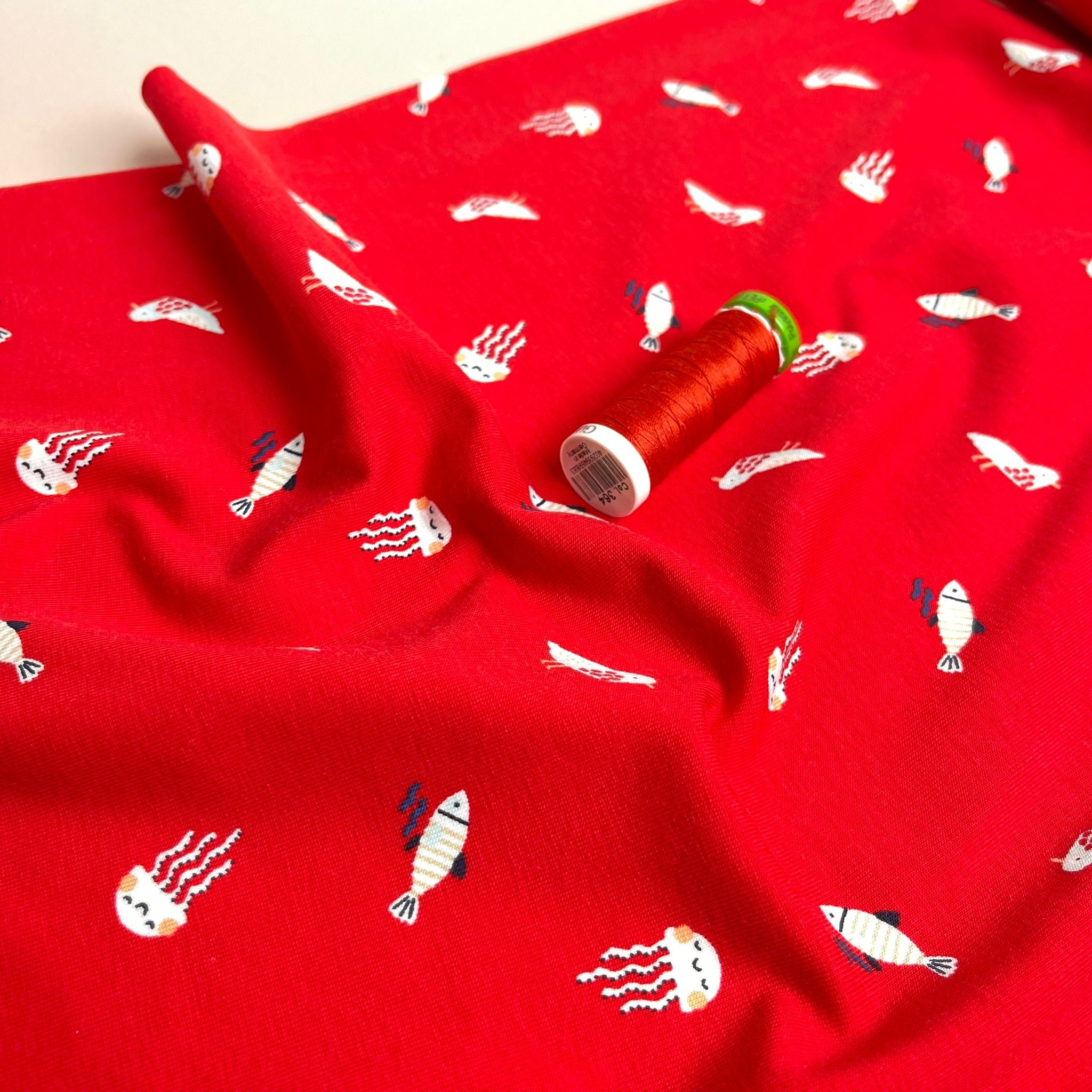 Under The Sea Red Cotton Jersey Fabric