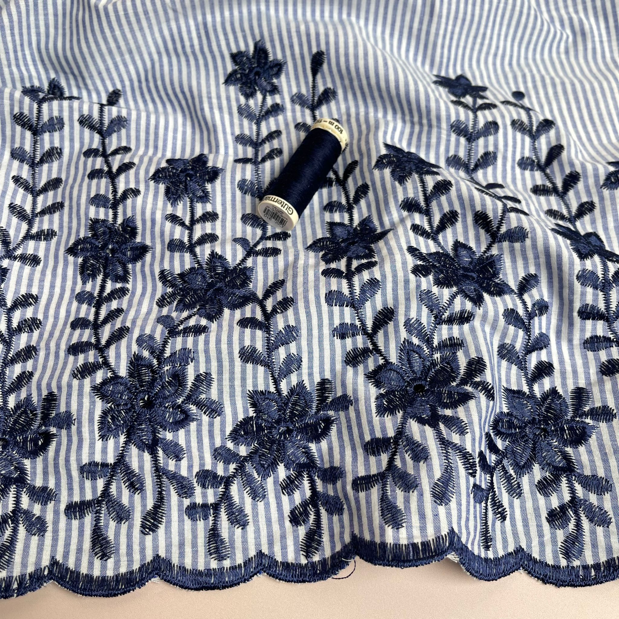 Embroidered Scalloped Flowers on Blue Striped Cotton Fabric