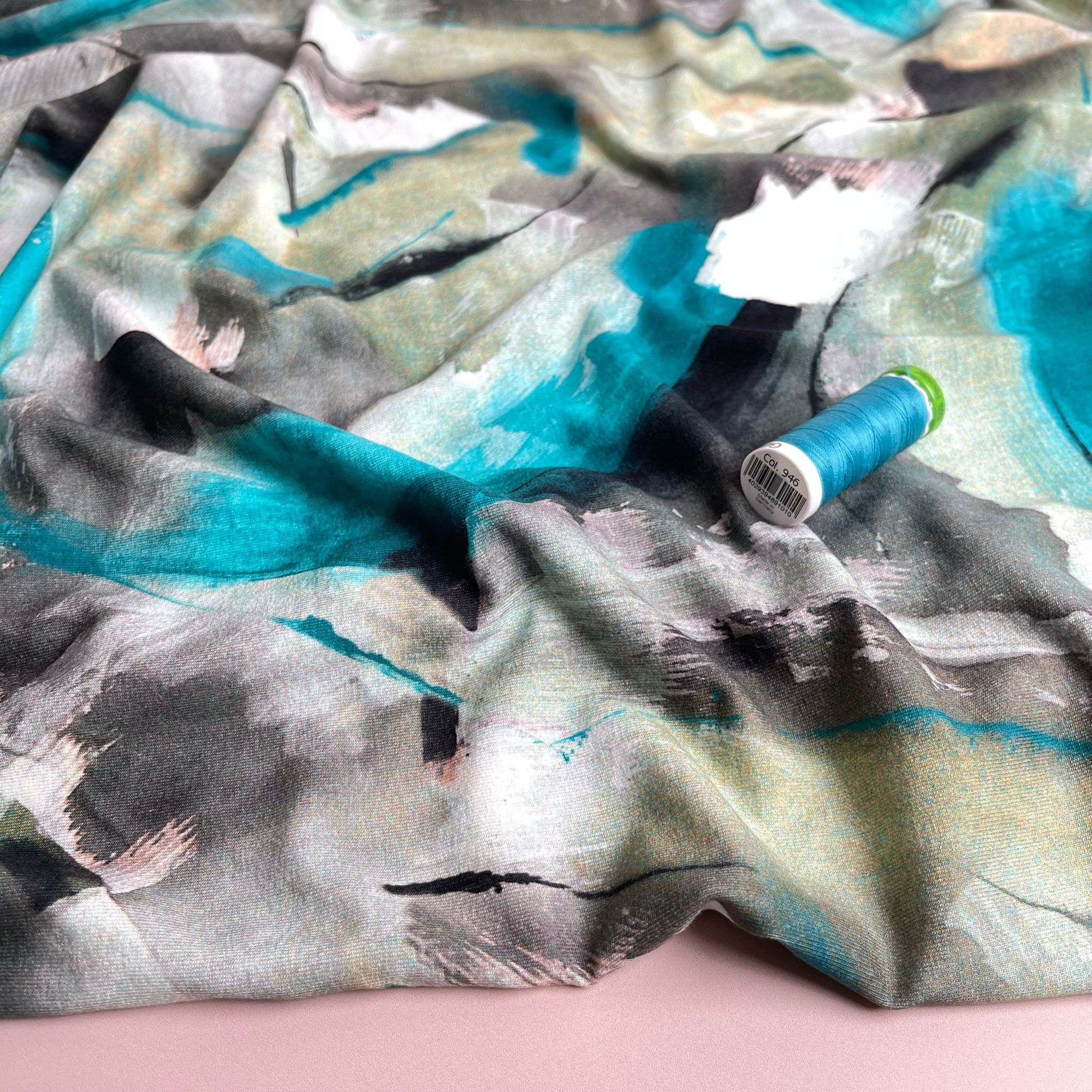 Abstract Painting in Turquoise and Olive Viscose Jersey Fabric