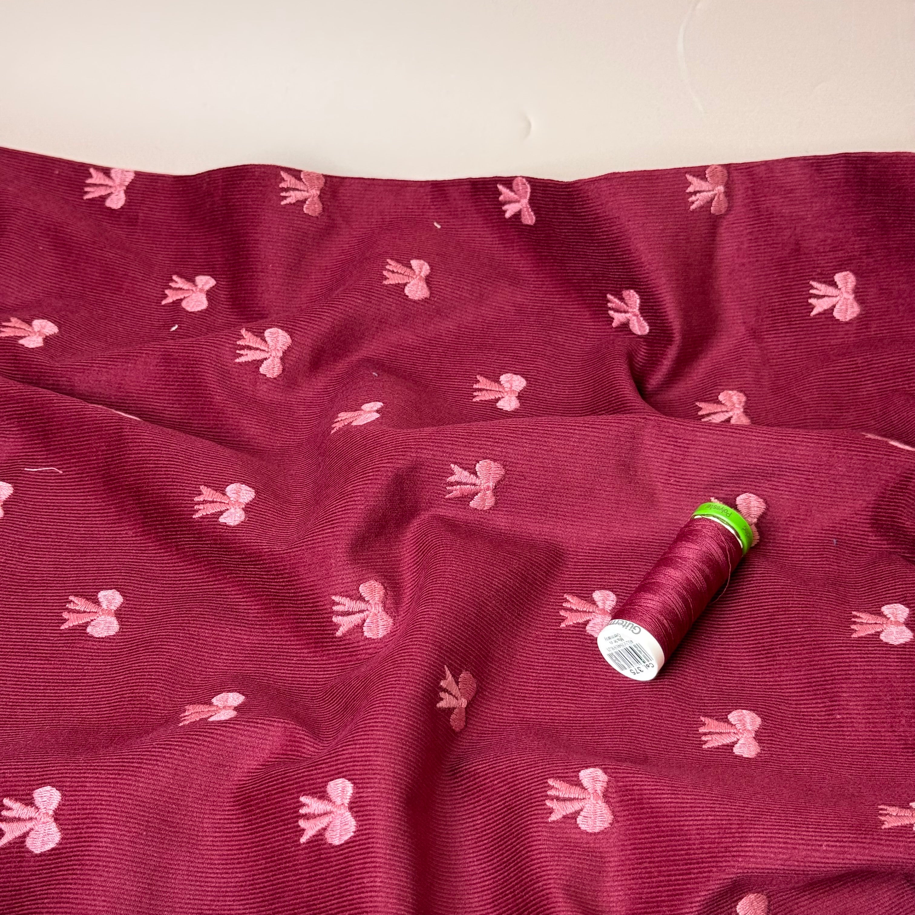 Embroidered Bows on Bordeaux Cotton Needlecord