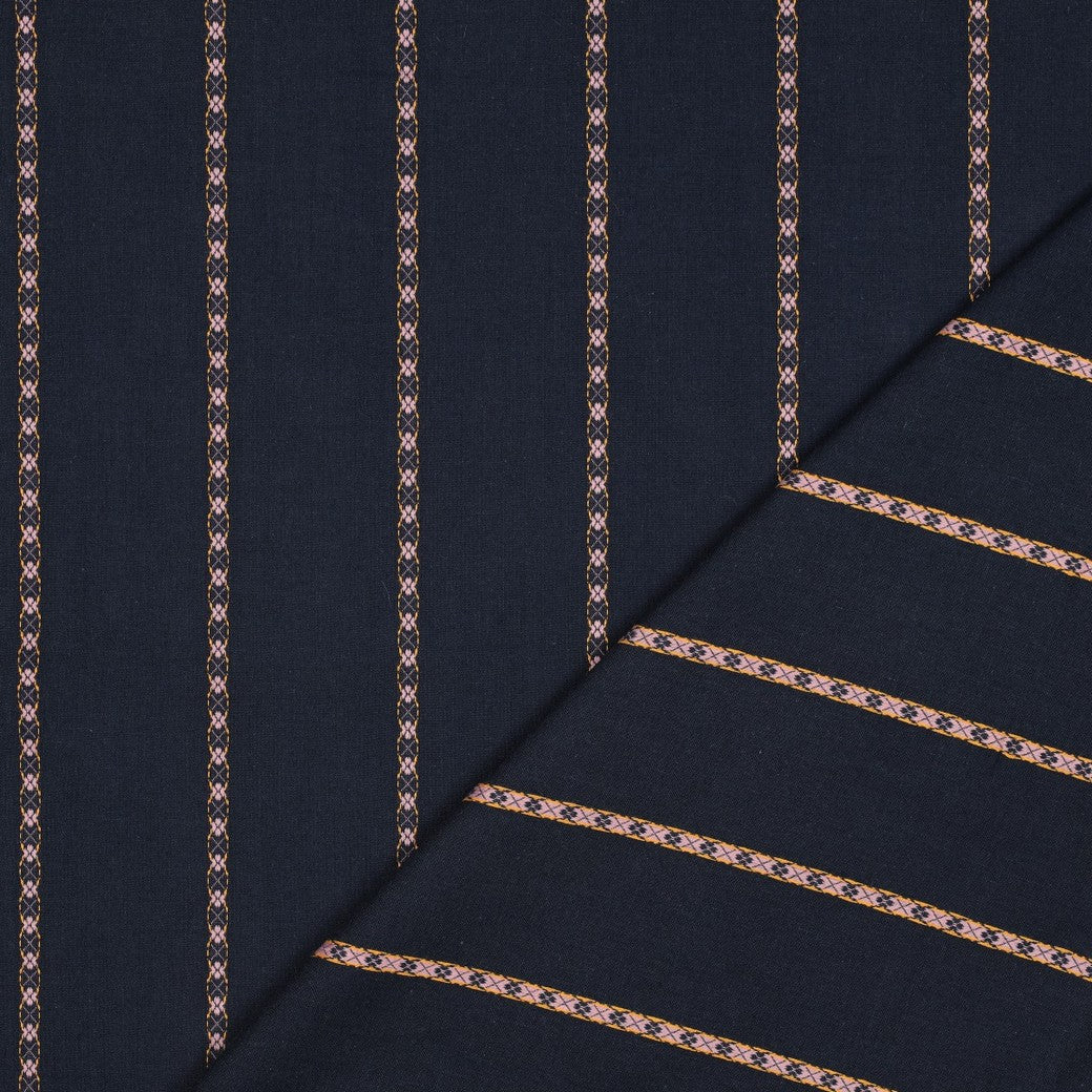 Flower Stripes on Navy Yarn Dyed Cotton Jacquard