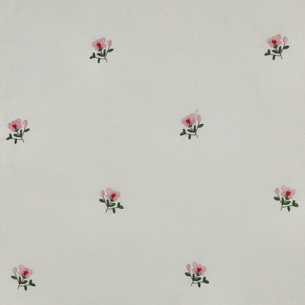 Embroidered Pink Flowers on White Cotton Fabric