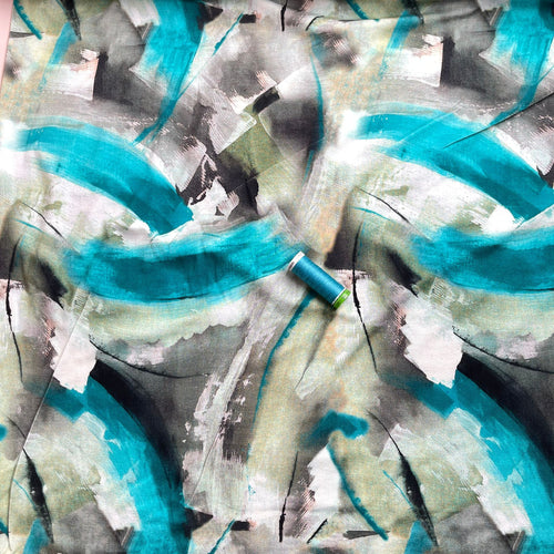 Abstract Painting in Turquoise and Olive Viscose Jersey Fabric