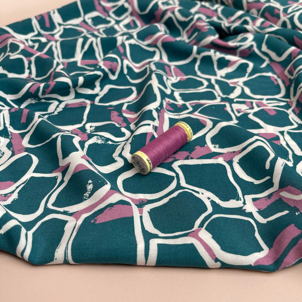 REMNANT 1.84 Metres - White Shapes on Teal Viscose Fabric