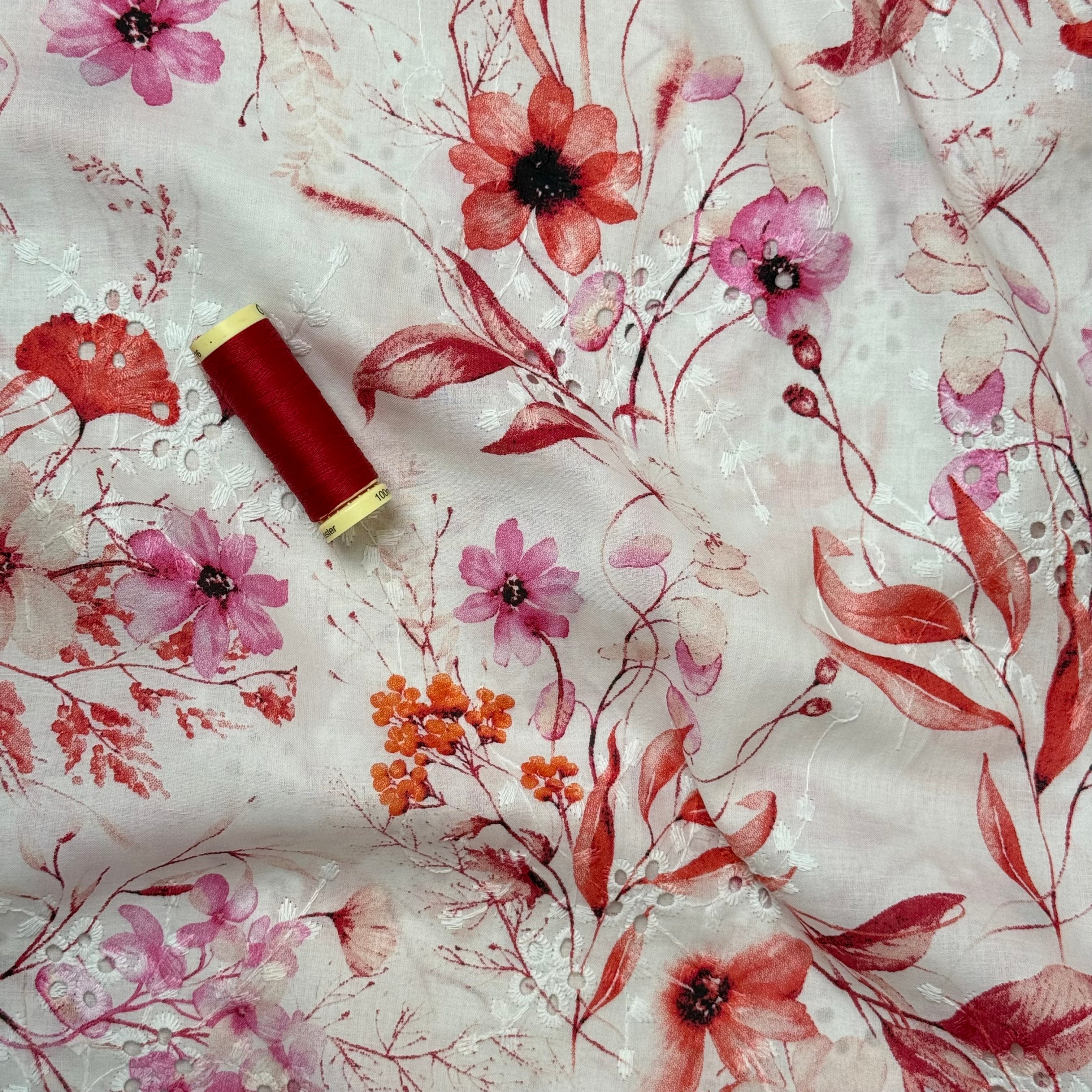 Red & Pink Flowers on Embroidered White Cotton Voile Fabric