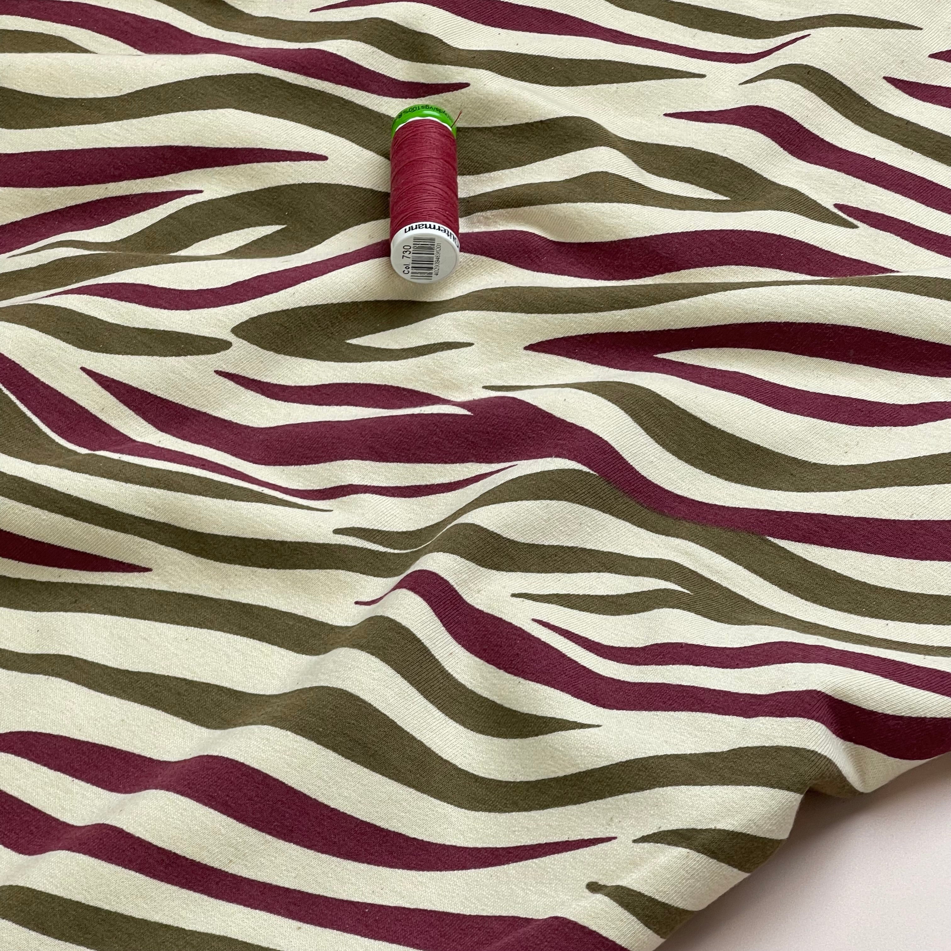 Zebra Burgundy and Olive Cotton Sweat-shirting Fabric