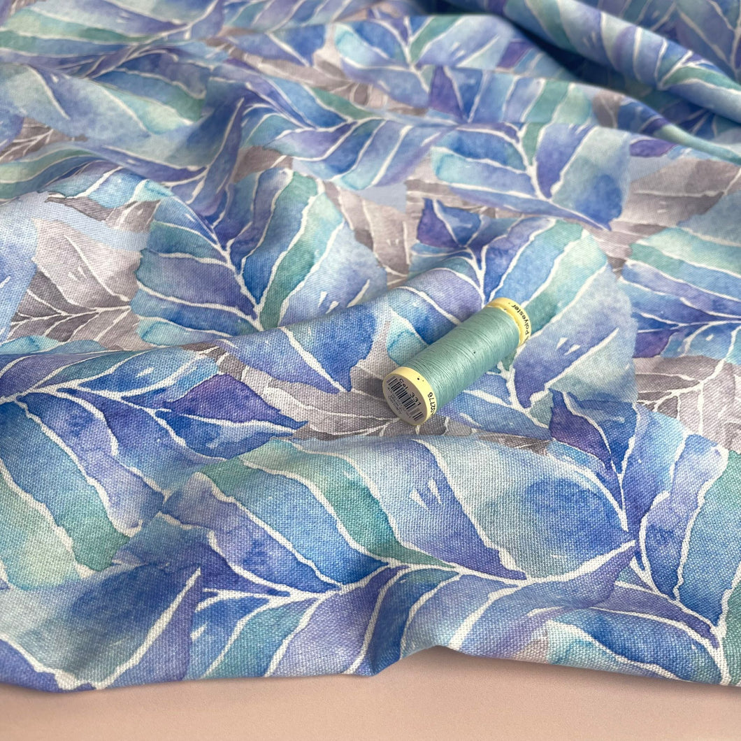 Aqua Leaves Viscose Linen Fabric