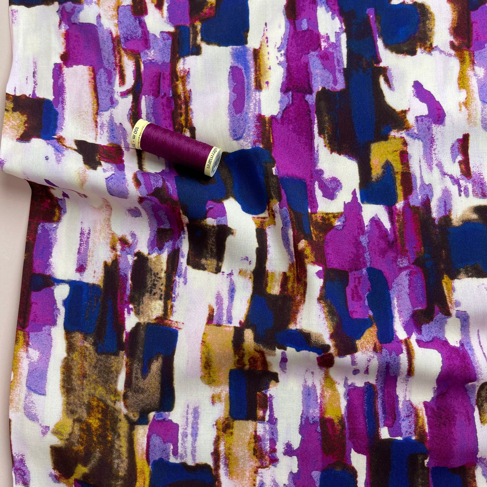 REMNANT 1.52 Metres - Abstract Smudges Purple Viscose Fabric