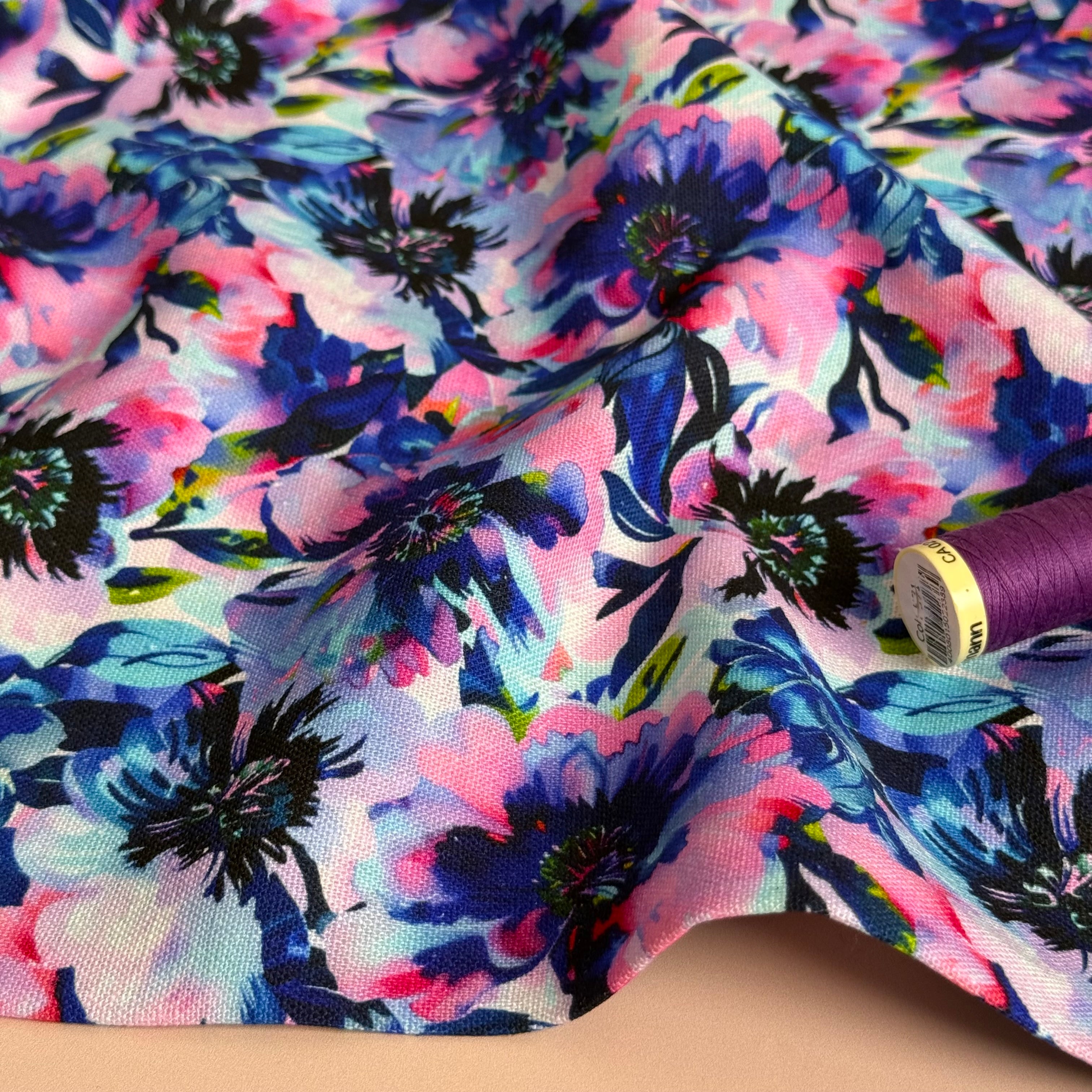 Purple Flowers Viscose Linen Fabric